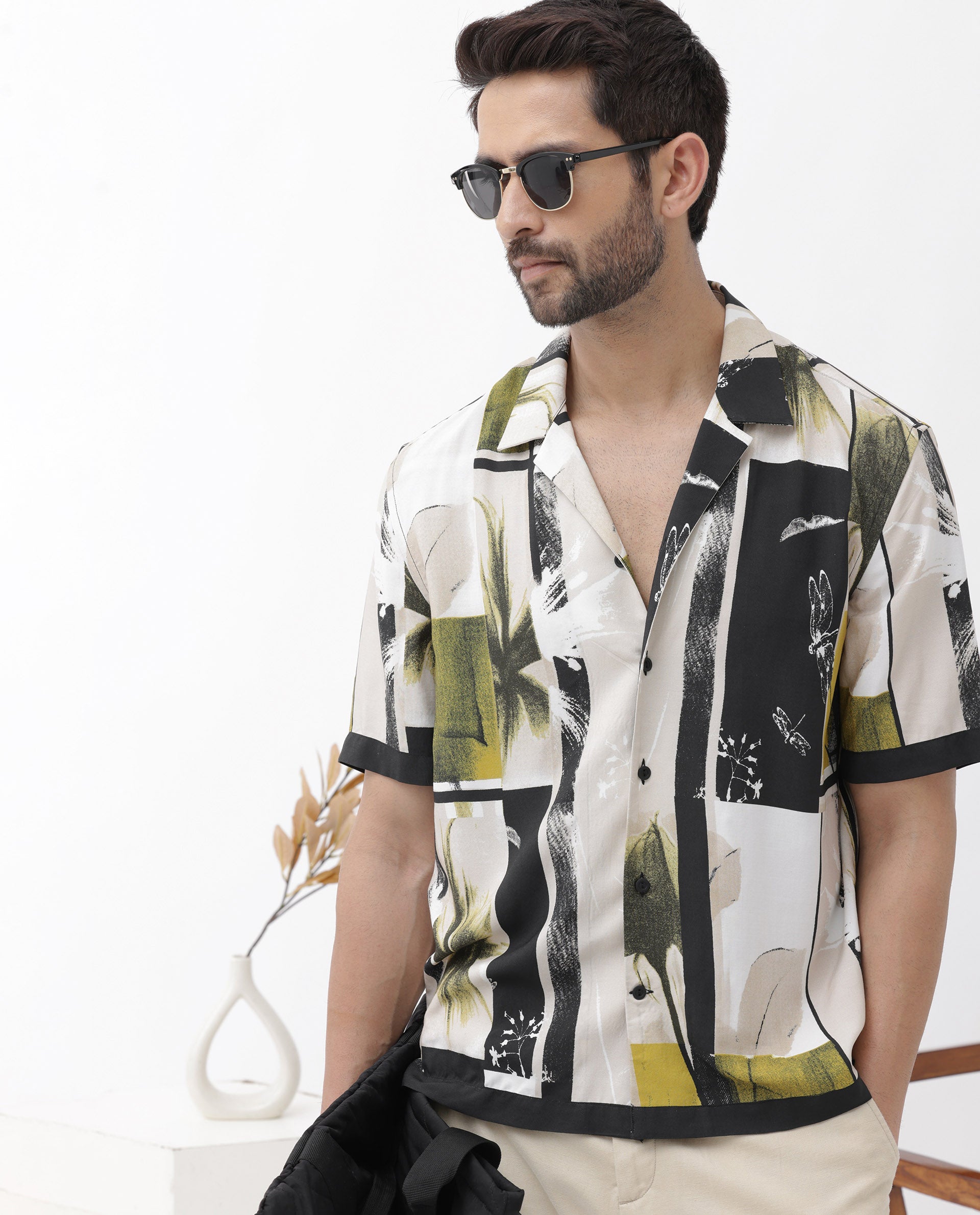 Rare Rabbit Mens Prunos Beige Viscose Fabric Short Sleeve Cuban Collar Boxy Fit Abstract Floral Print Shirt