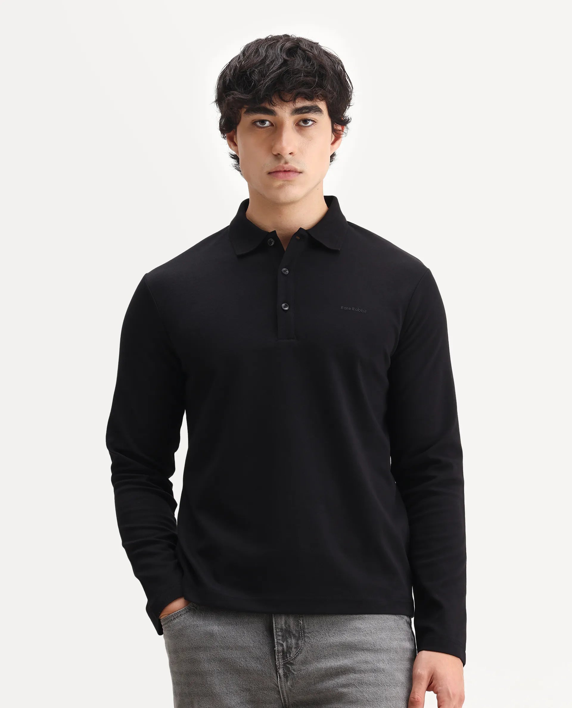 Rare Rabbit Men's Prut Black Cotton Blend Fabric Full Sleeve Spread Collar Plain Polo