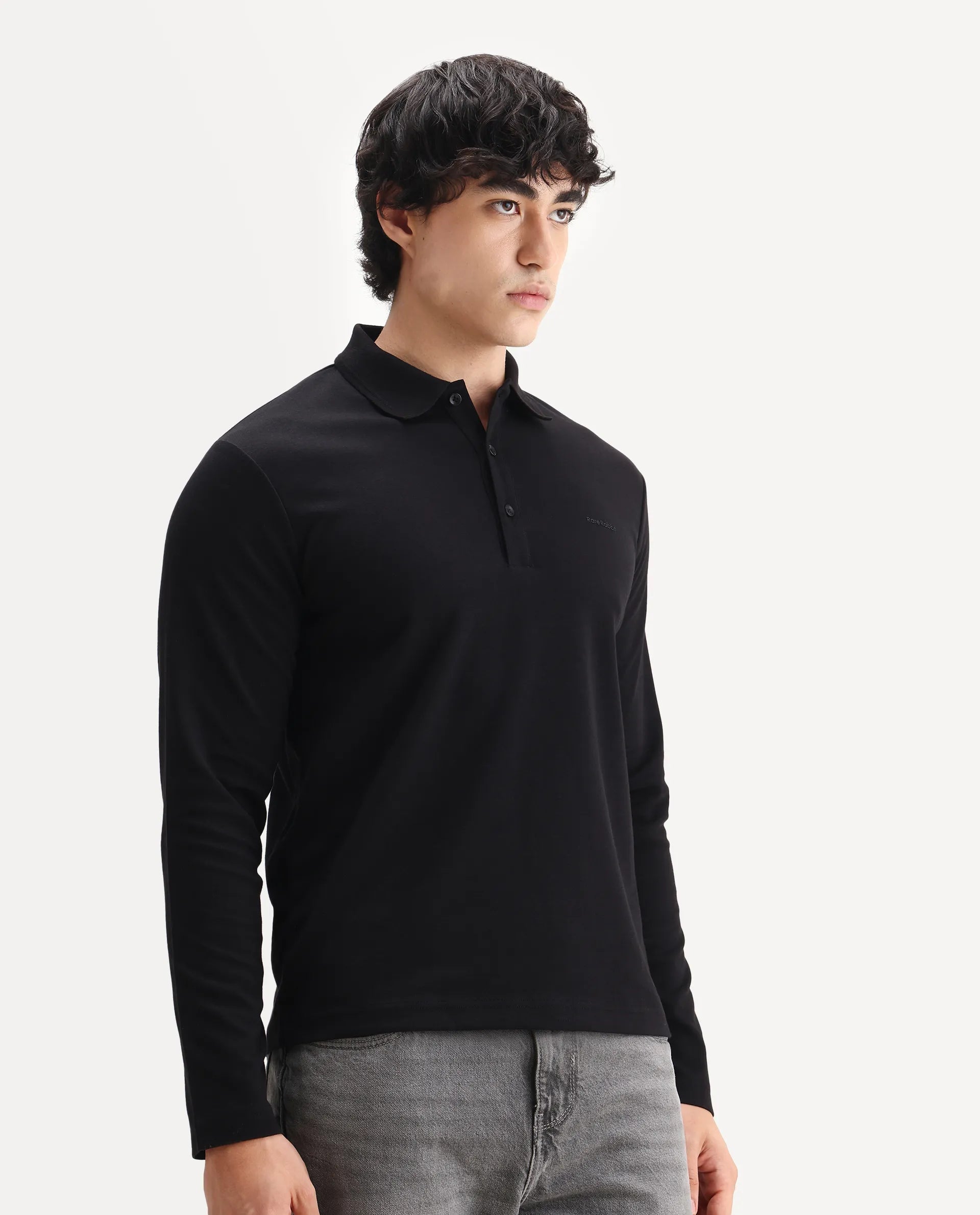 Rare Rabbit Men's Prut Black Cotton Blend Fabric Full Sleeve Spread Collar Plain Polo