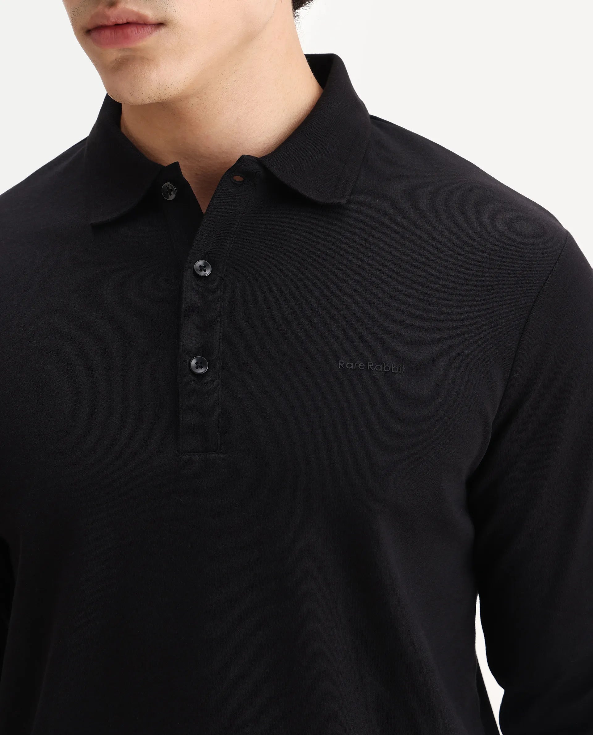 Rare Rabbit Men's Prut Black Cotton Blend Fabric Full Sleeve Spread Collar Plain Polo