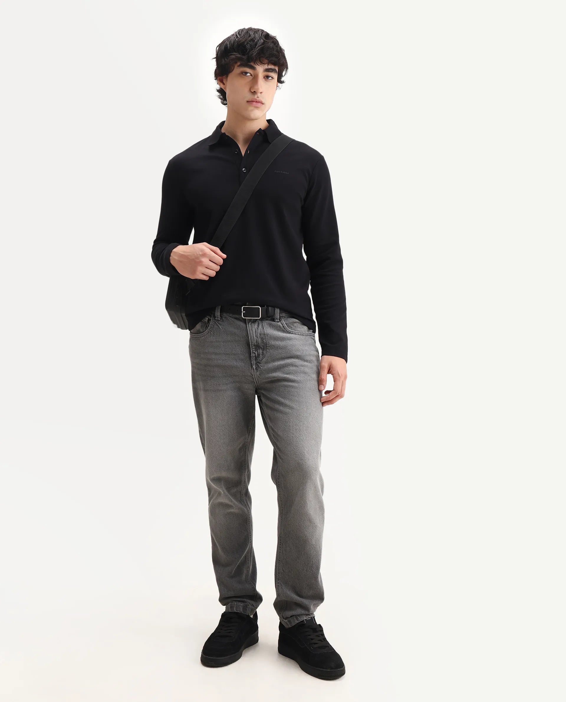 Rare Rabbit Men's Prut Black Cotton Blend Fabric Full Sleeve Spread Collar Plain Polo