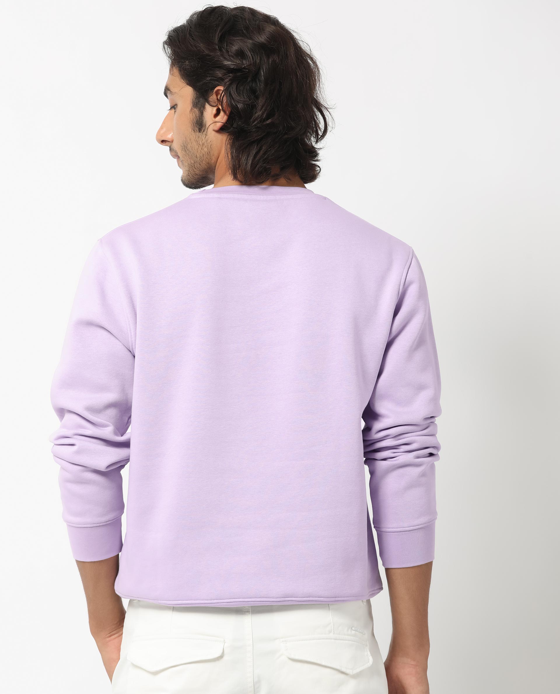 Rare Rabbit Men's Pysde Pastel Purple Cotton Polyester Fabric Full Sleeves Graphic Logo Print Sweatshirt