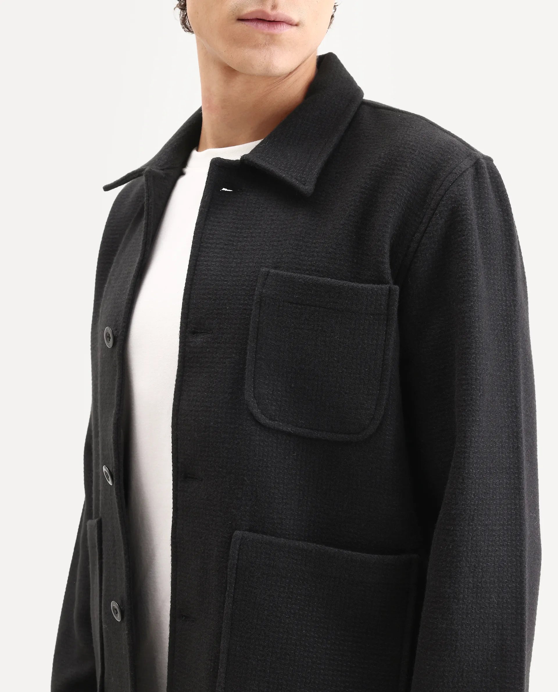 Rare Rabbit Men's Pufco-T Black Polyester Blend Fabric Collared Neck Regular Plain Jacket