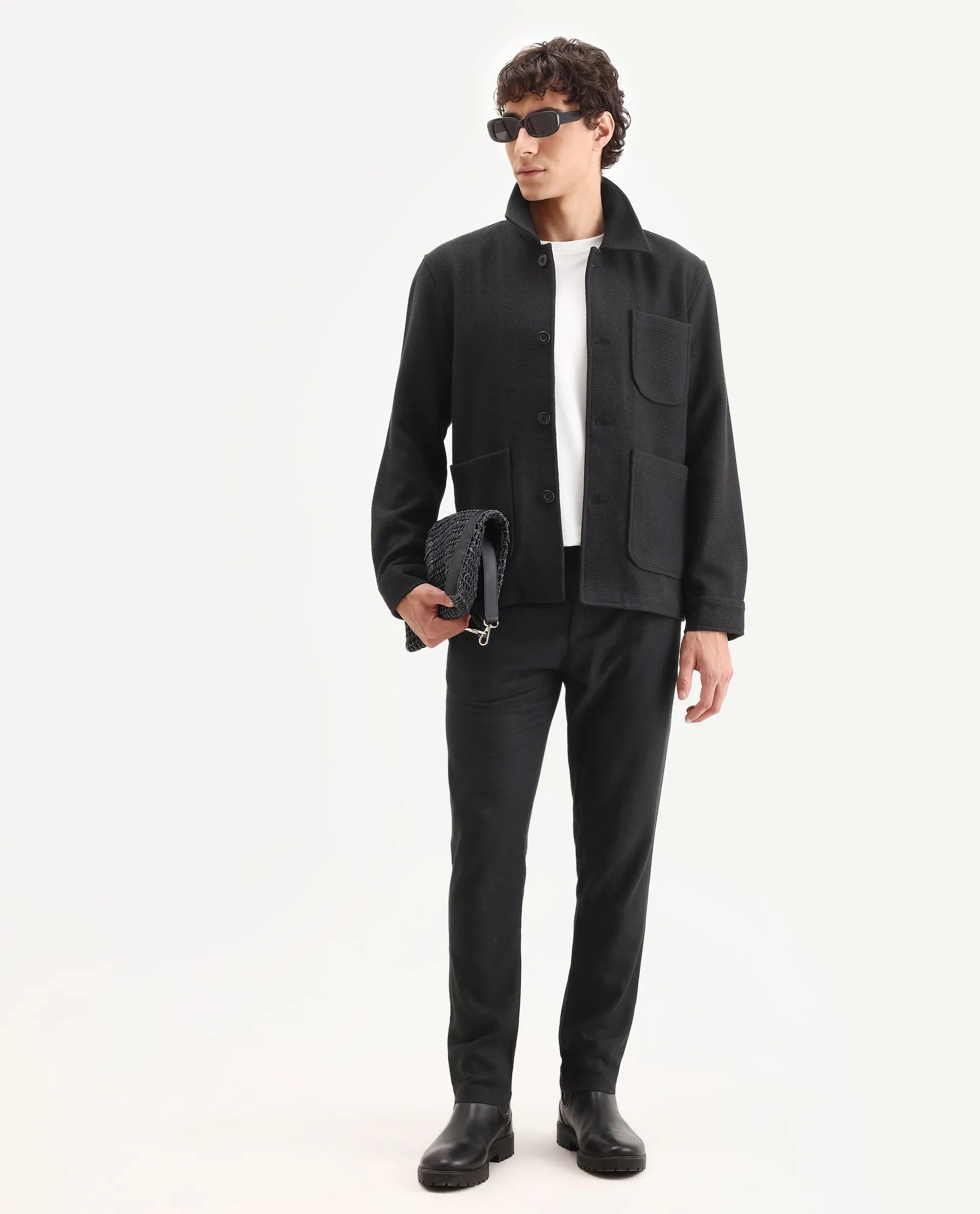 Rare Rabbit Men's Pufco-T Black Polyester Blend Fabric Collared Neck Regular Plain Jacket