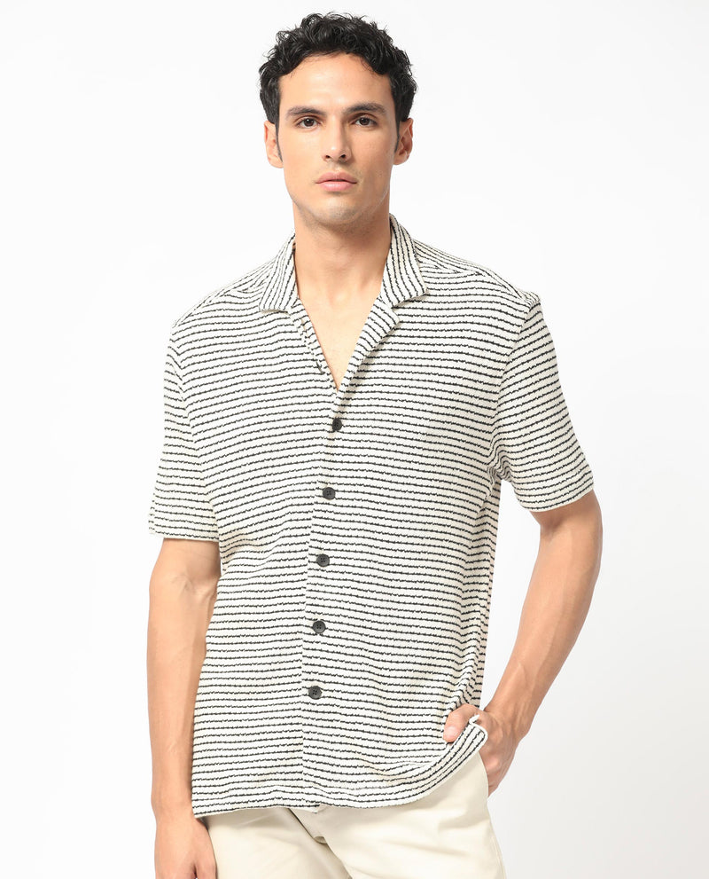 Rare Rabbit Men's Puller Off White Cotton Polyester Fabric Cuban Collar Half Sleeves Striped Shirt