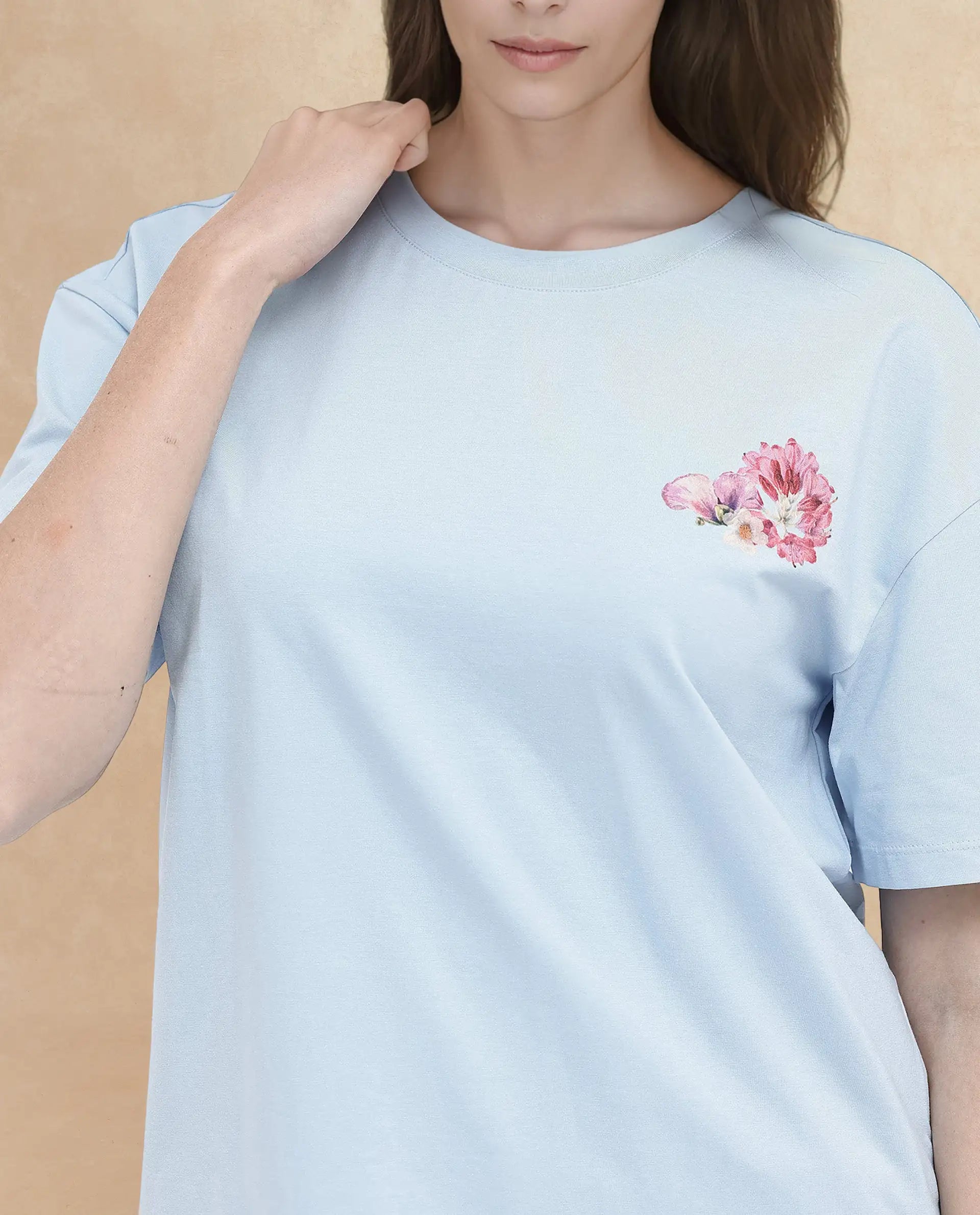 Rareism Women's Purpulent Light Blue Cotton Blend Crew Neck Graphic Print Boxy Fit T-Shirt