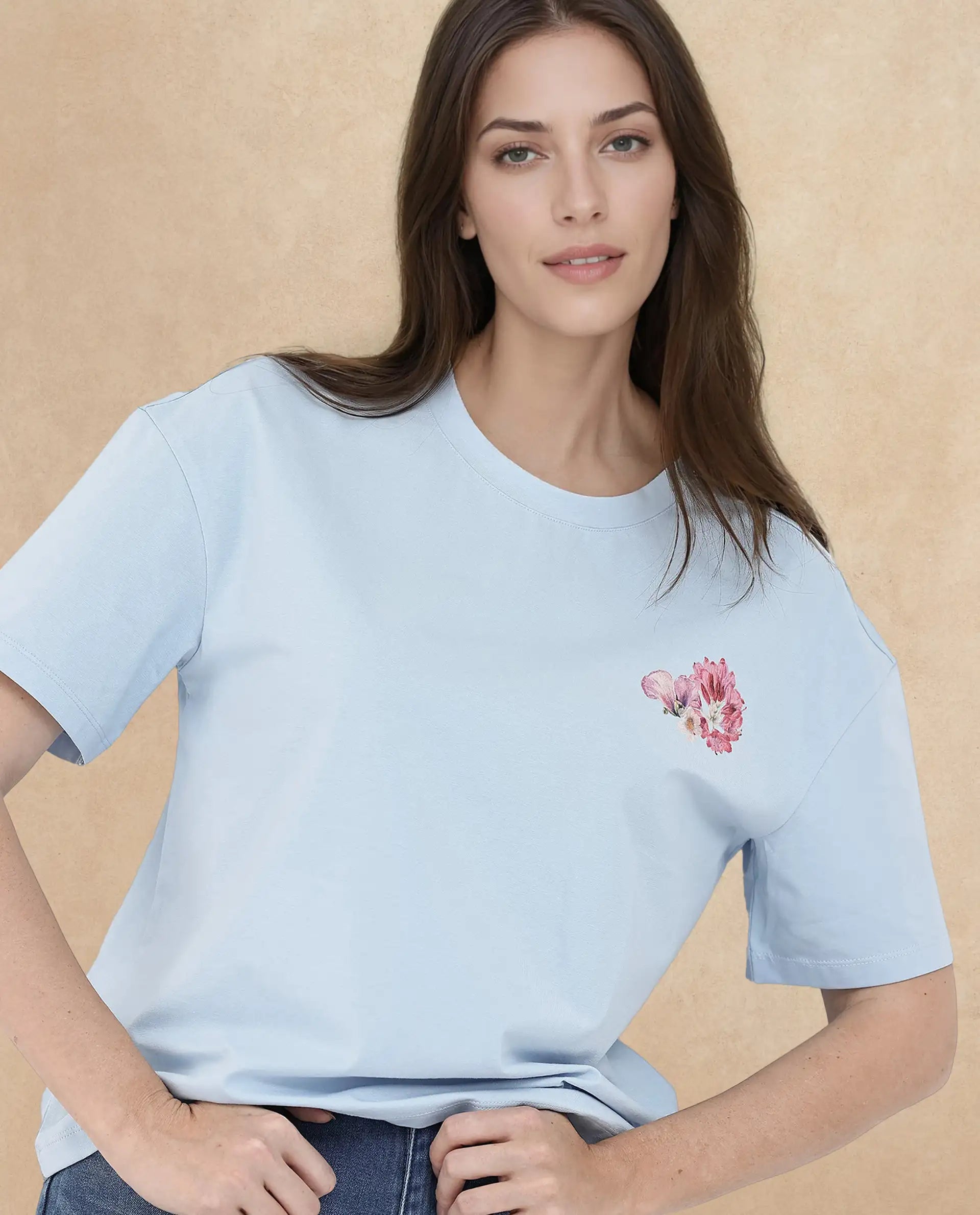 Rareism Women's Purpulent Light Blue Cotton Blend Crew Neck Graphic Print Boxy Fit T-Shirt