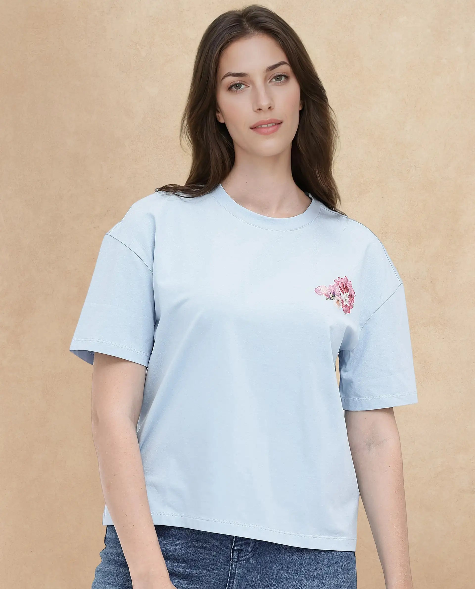 Rareism Women's Purpulent Light Blue Cotton Blend Crew Neck Graphic Print Boxy Fit T-Shirt