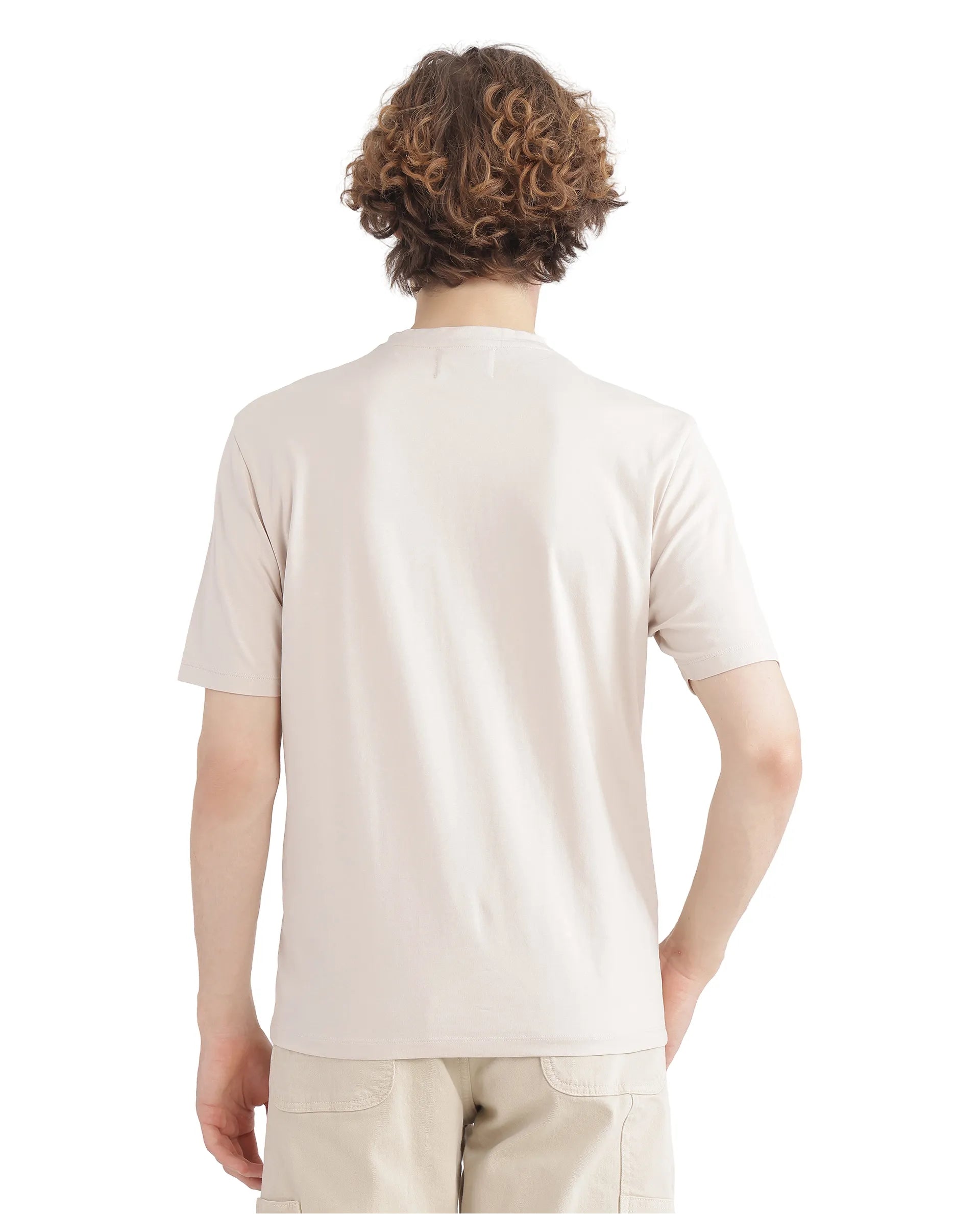 Rare Rabbit Men Purt Beige Cotton Blend Fabric Short Sleeve Crew Neck Plain T-Shirt