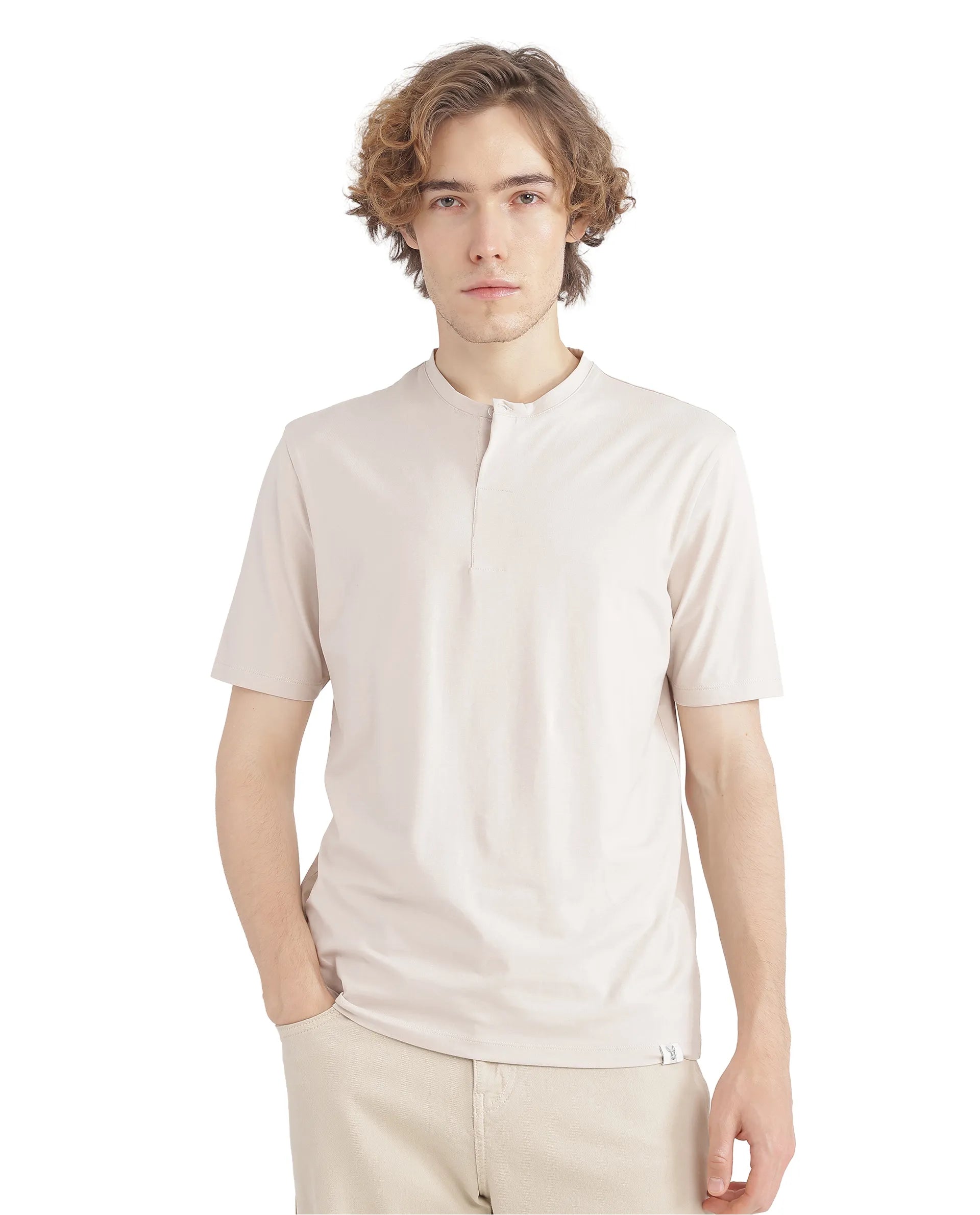 Rare Rabbit Men Purt Beige Cotton Blend Fabric Short Sleeve Crew Neck Plain T-Shirt