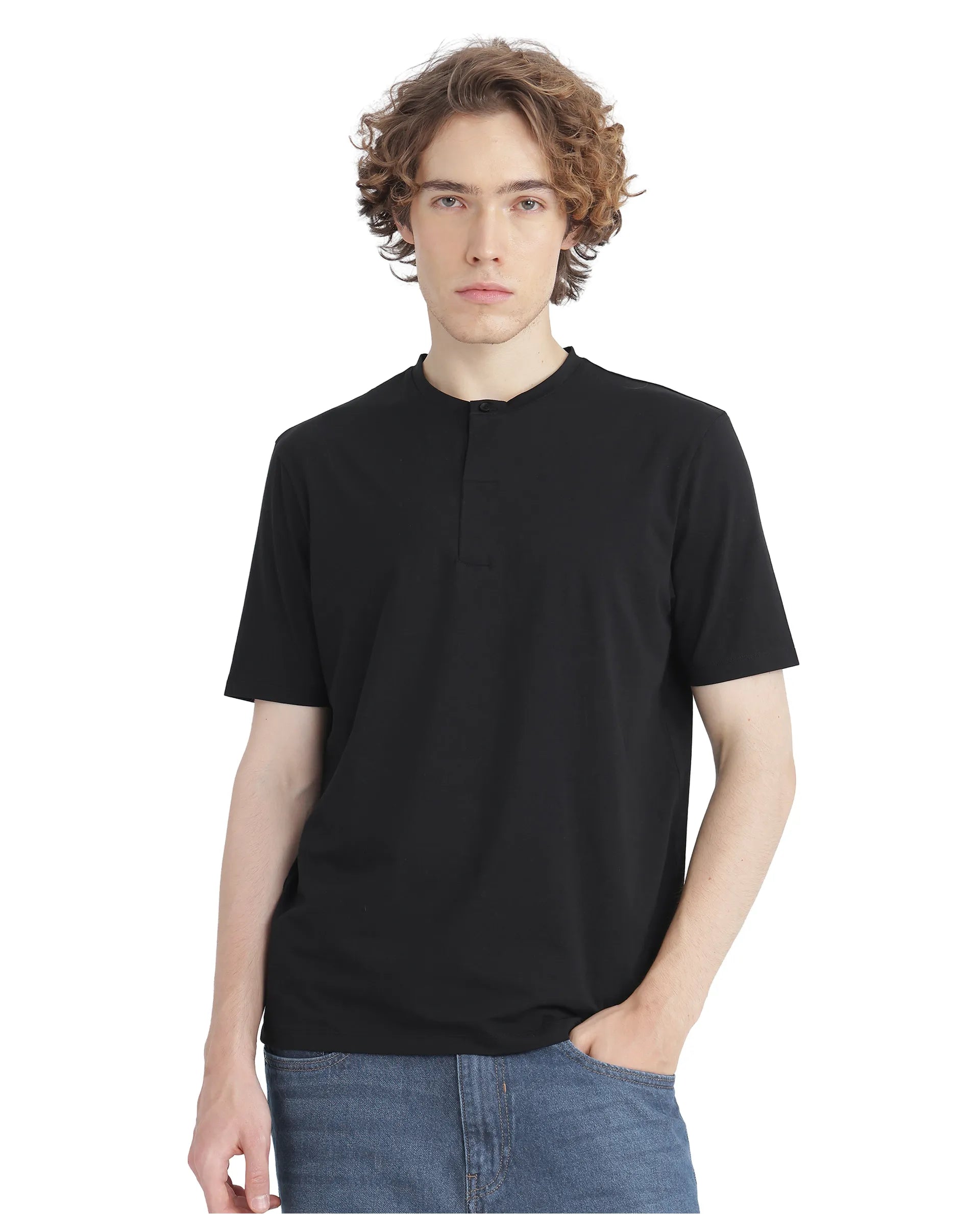 Rare Rabbit Men Purt Black Cotton Blend Fabric Short Sleeve Crew Neck Printed T-Shirt