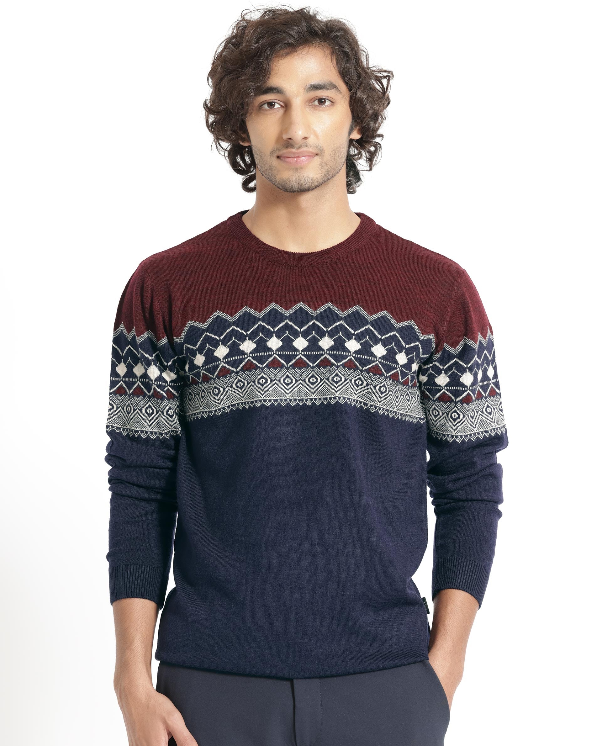 Rare Rabbit Mens Puzzle Blue Sweater Full Sleeve Crew Neck Solid