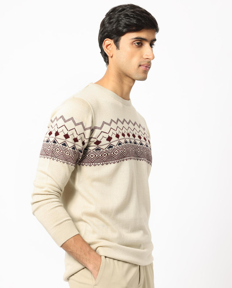 Rare Rabbit Mens Puzzle Off White Sweater Full Sleeve Crew Neck Solid