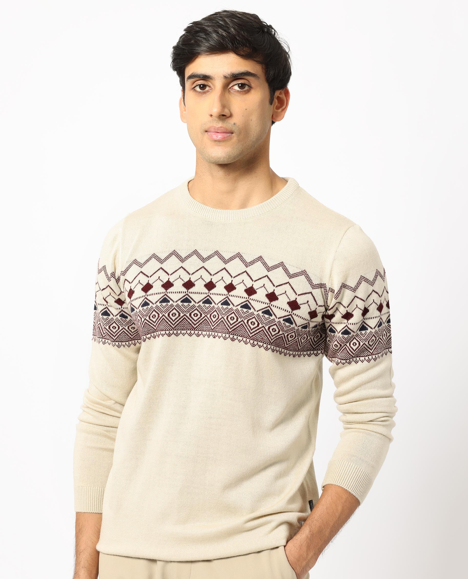 Rare Rabbit Men's Puzzle Off White Acrylic Abstract Print Relaxed Fit Full Sleeve Crew Neck Sweater