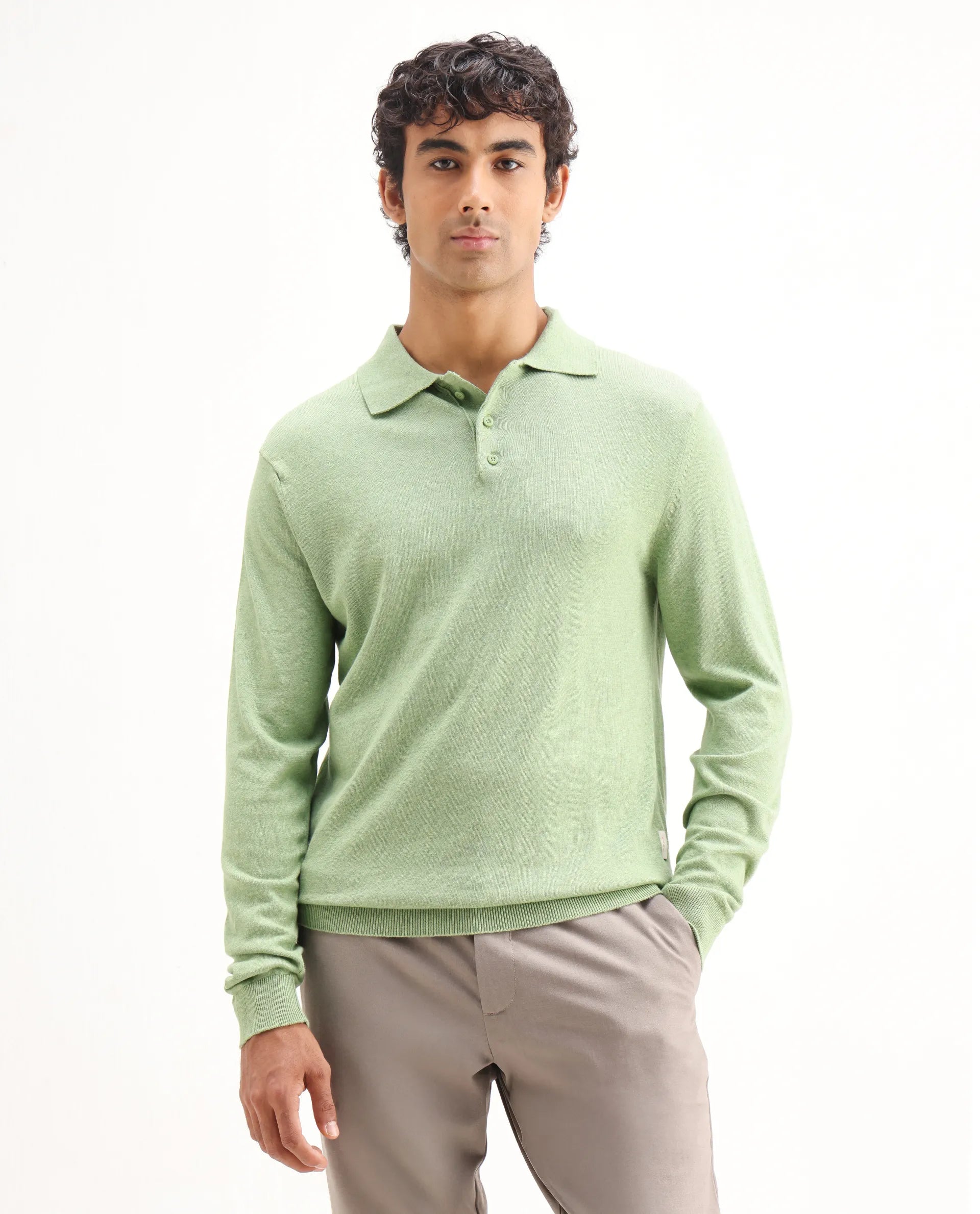 Rare Rabbit Men's Pyer Light Green Flat Knit Plain Regular Fit Full Sleeve Polo