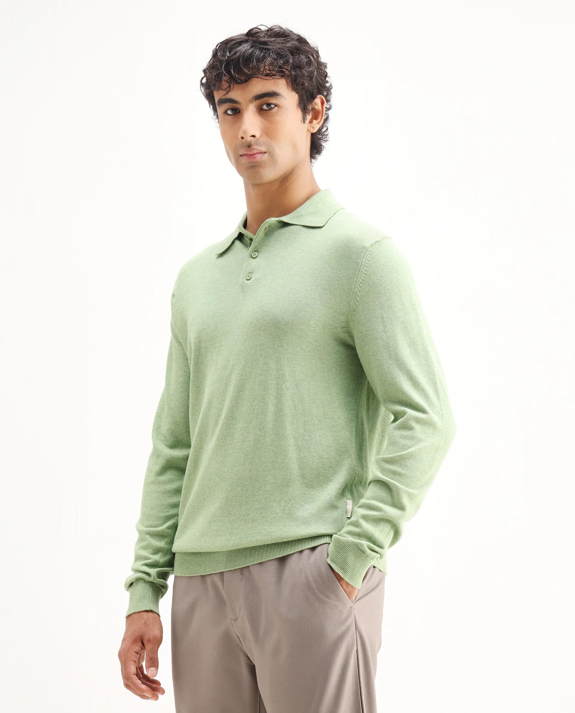 Rare Rabbit Men's Pyer Light Green Flat Knit Plain Regular Fit Full Sleeve Polo