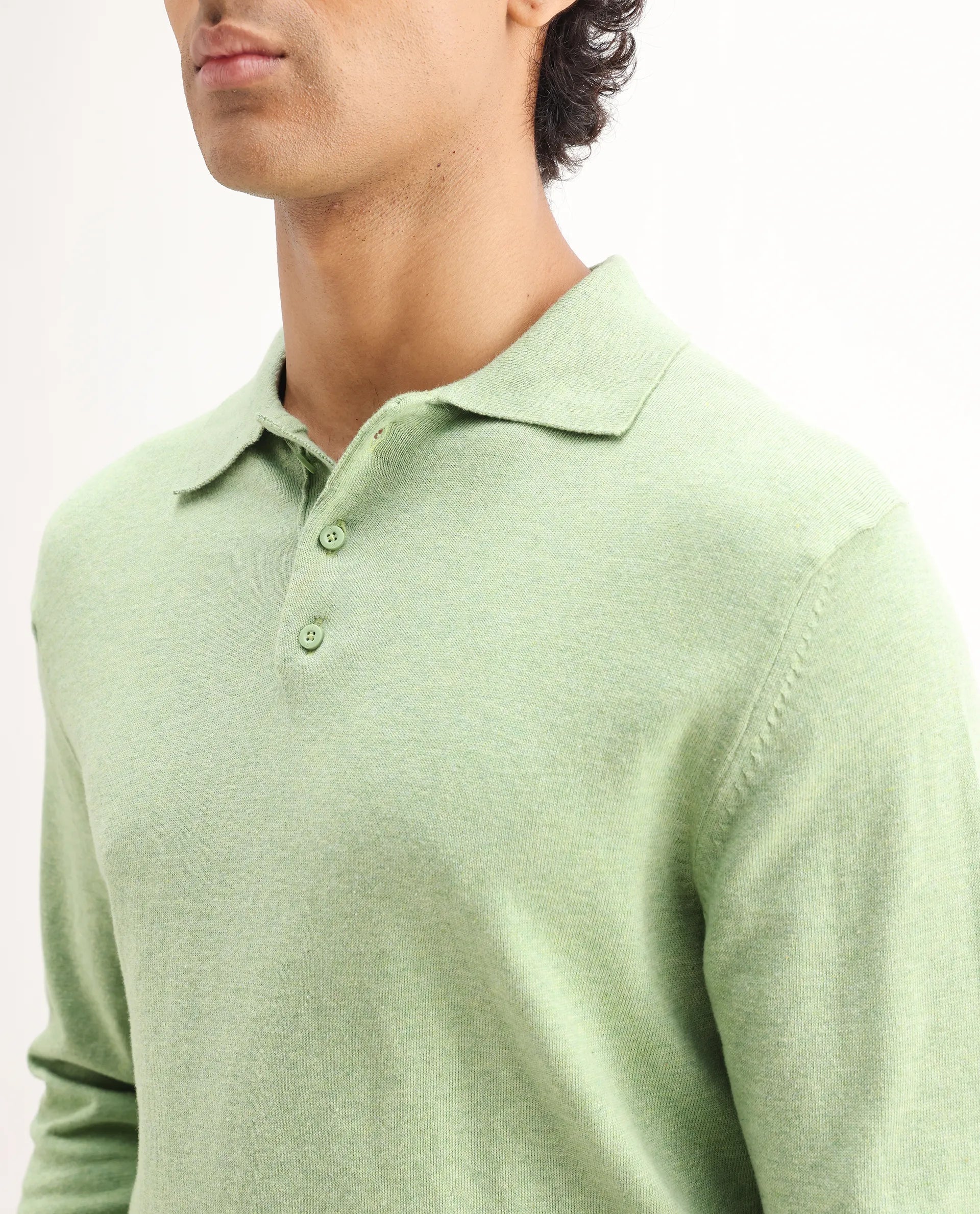 Rare Rabbit Men's Pyer Light Green Flat Knit Plain Regular Fit Full Sleeve Polo
