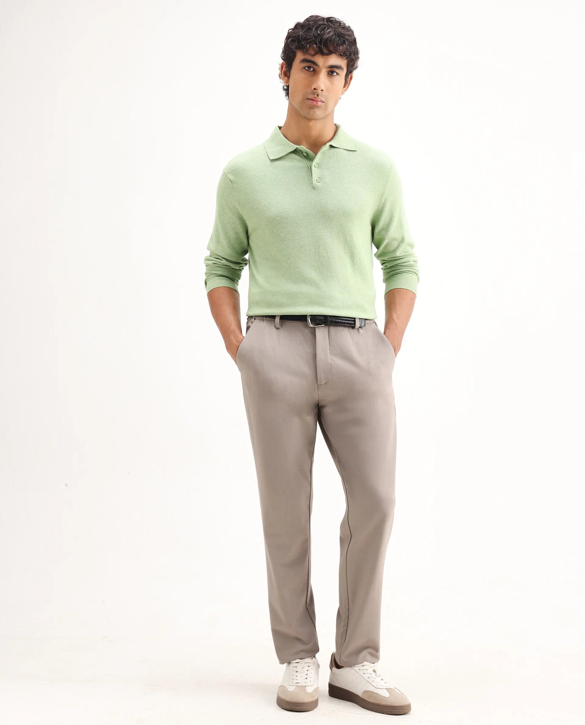 Rare Rabbit Men's Pyer Light Green Flat Knit Plain Regular Fit Full Sleeve Polo