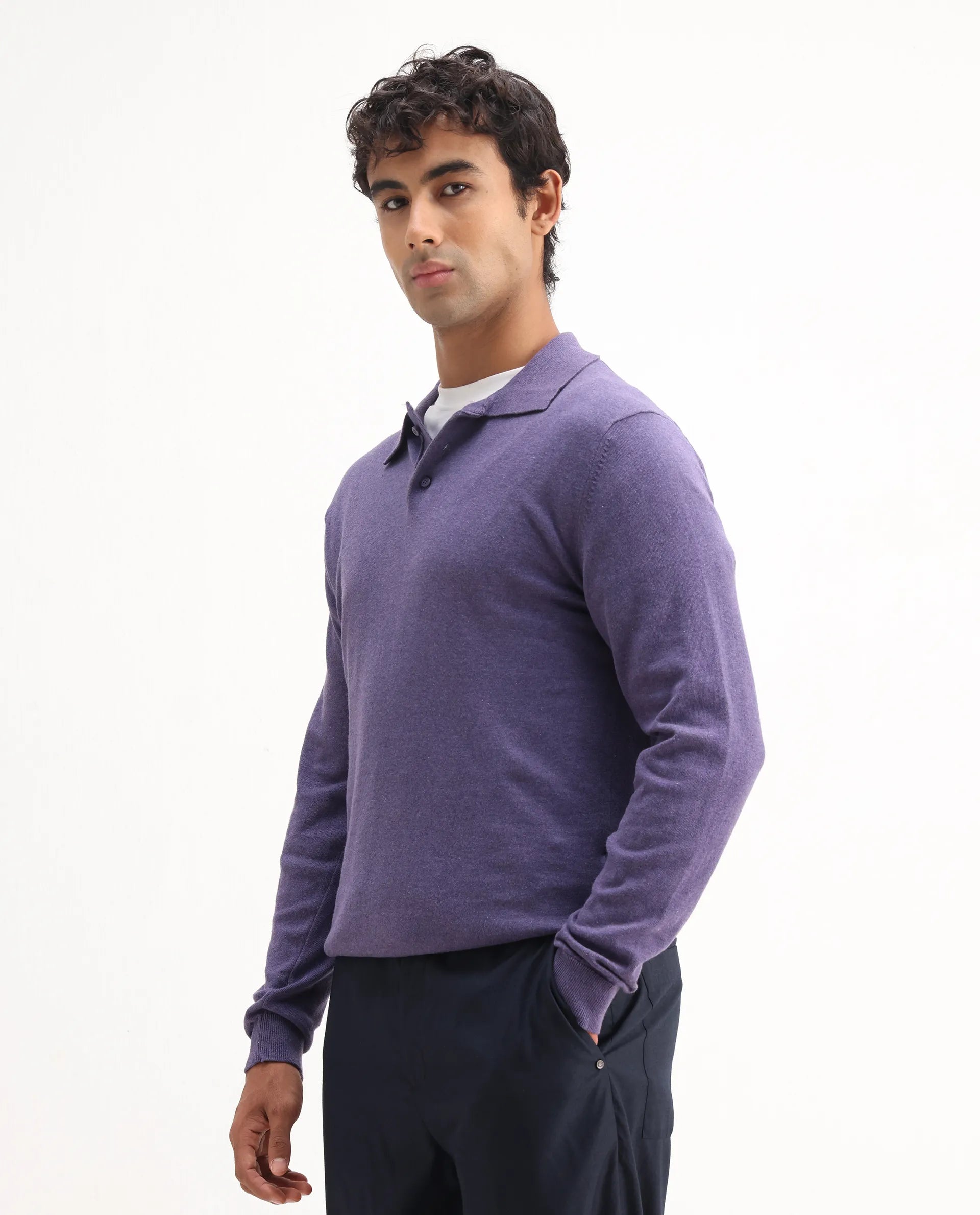 Rare Rabbit Men's Pyer Light Purple Flat Knit Plain Regular Fit Full Sleeve Polo