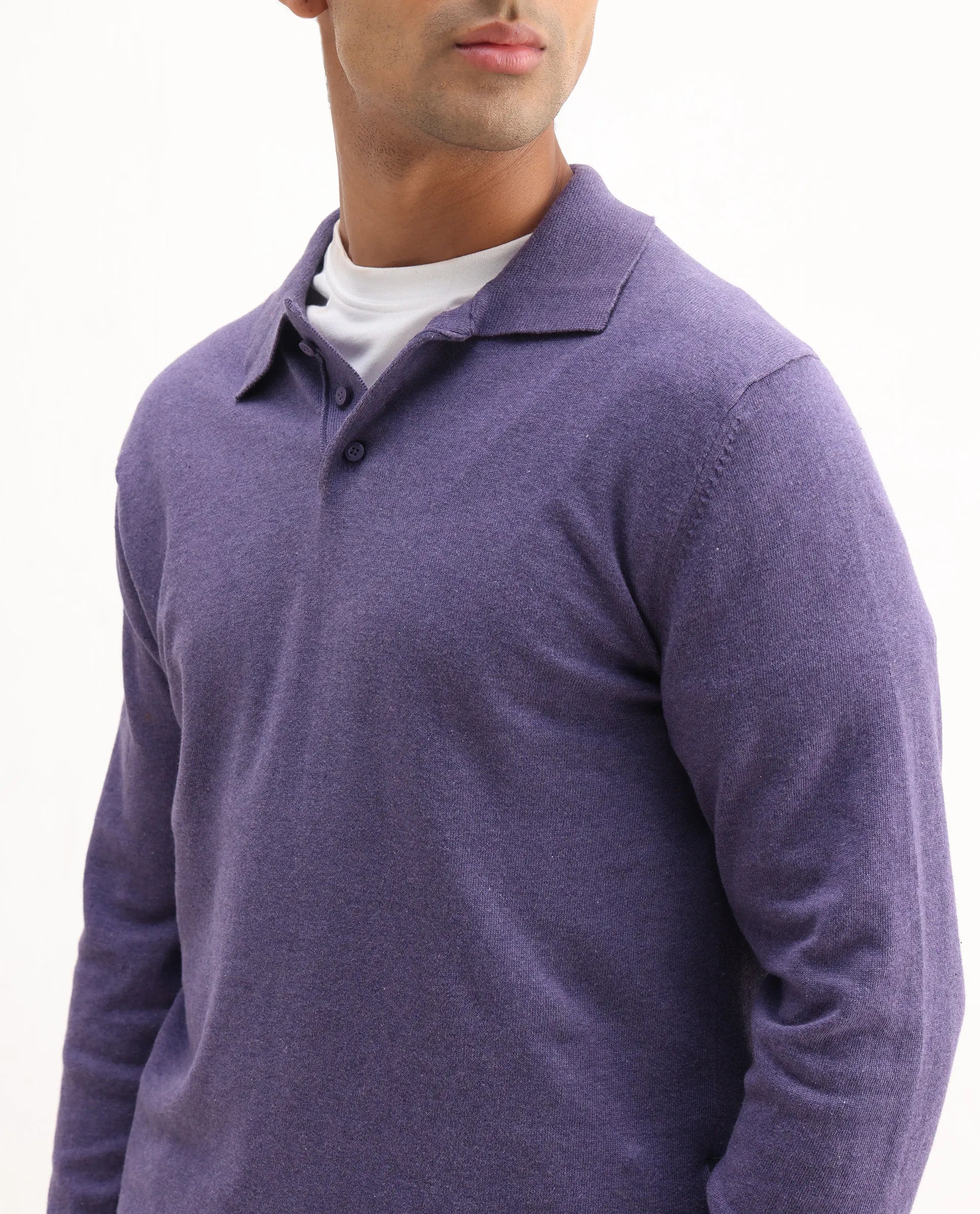 Rare Rabbit Men's Pyer Light Purple Flat Knit Plain Regular Fit Full Sleeve Polo
