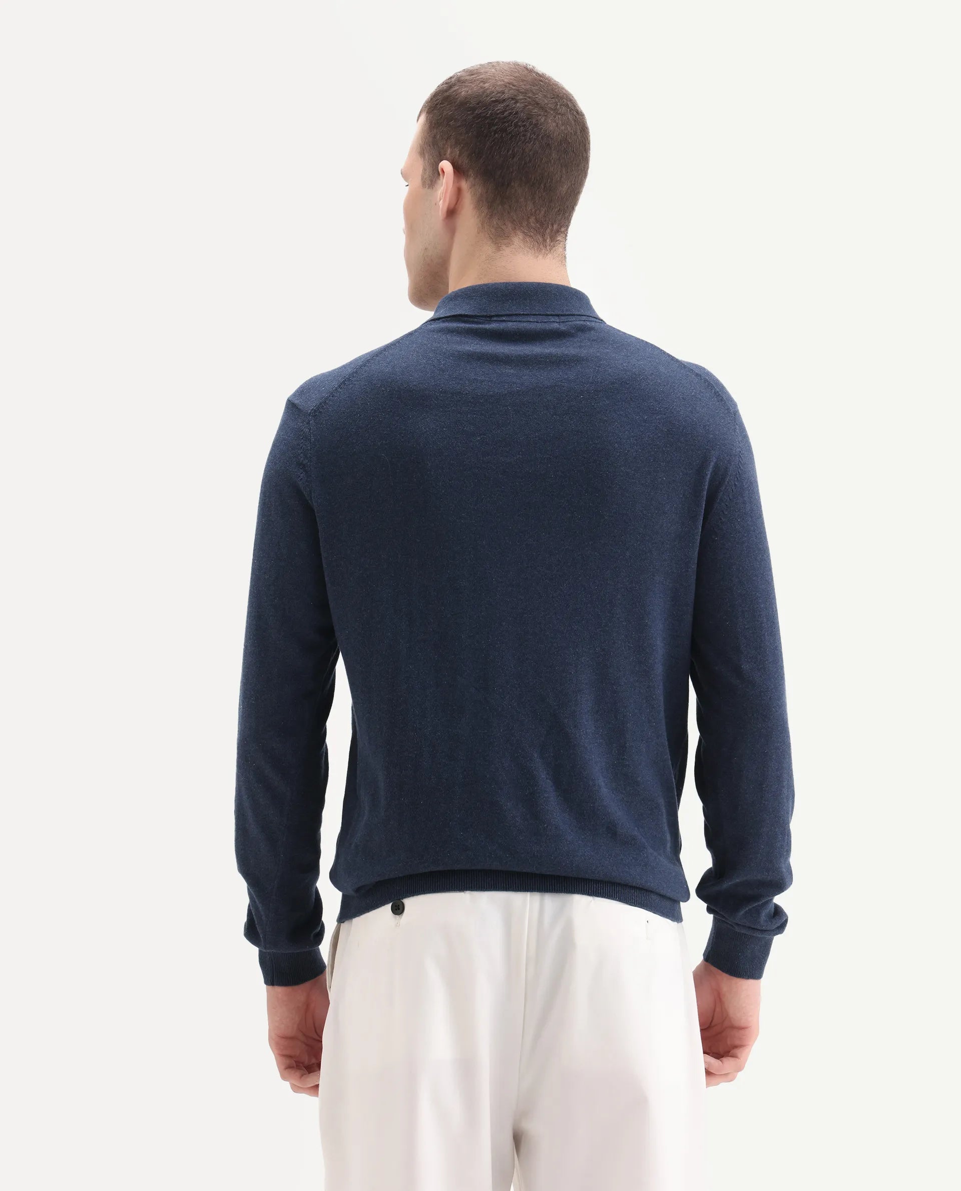 Rare Rabbit Men's Pyer Navy Flat Knit Plain Regular Fit Full Sleeve Polo