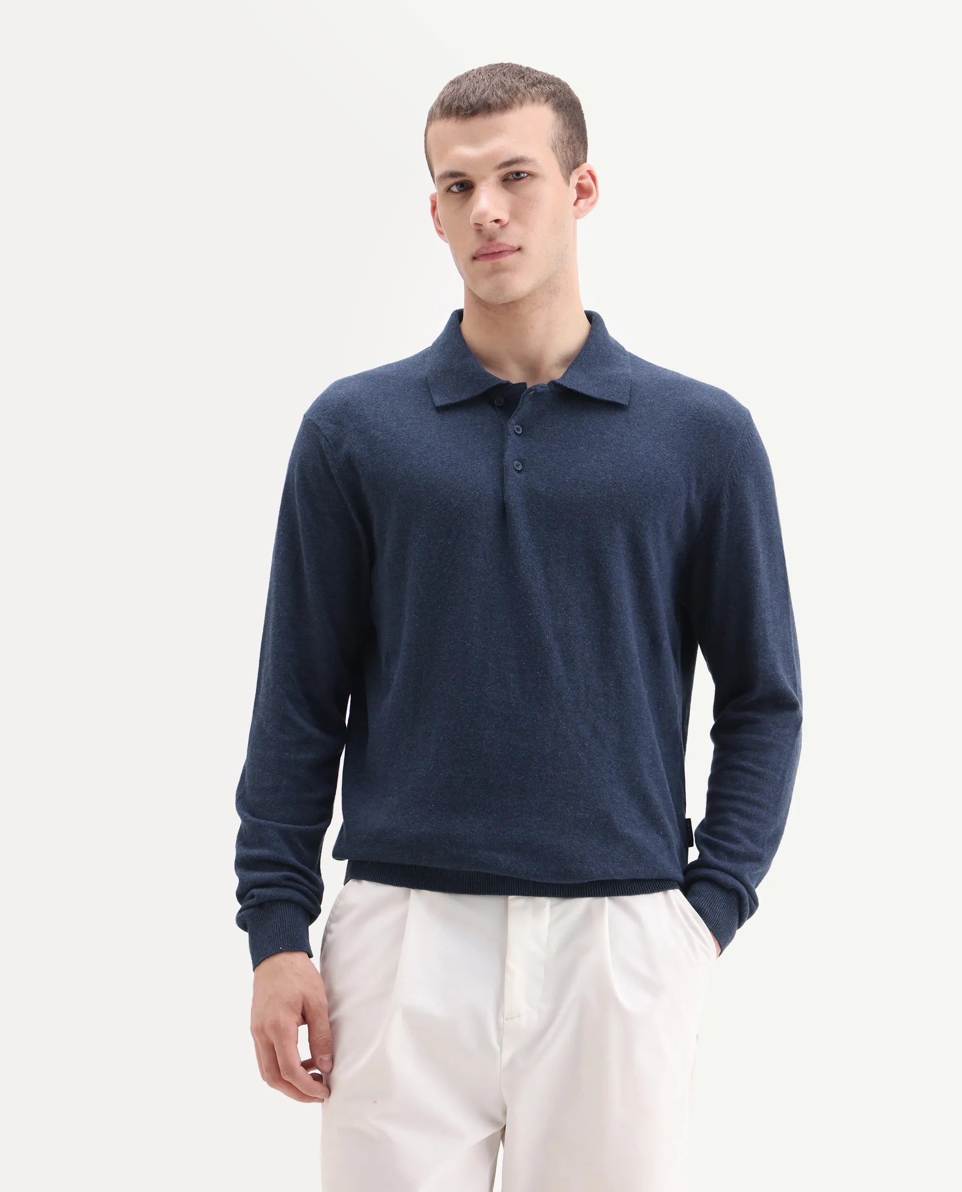 Rare Rabbit Men's Pyer Navy Flat Knit Plain Regular Fit Full Sleeve Polo