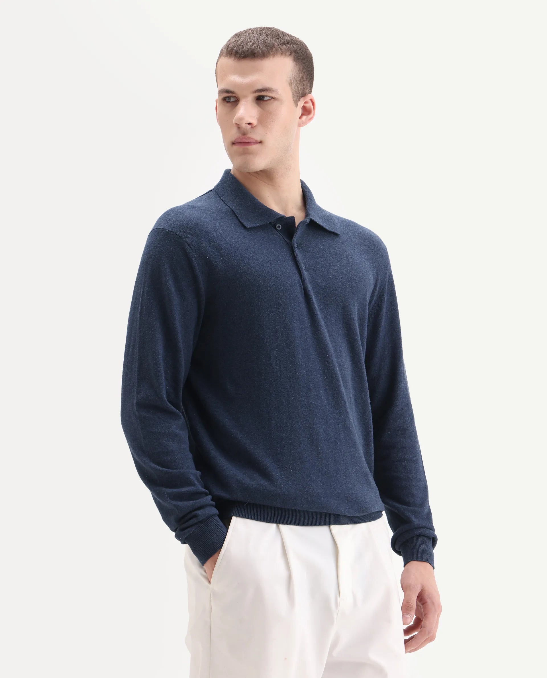 Rare Rabbit Men's Pyer Navy Flat Knit Plain Regular Fit Full Sleeve Polo