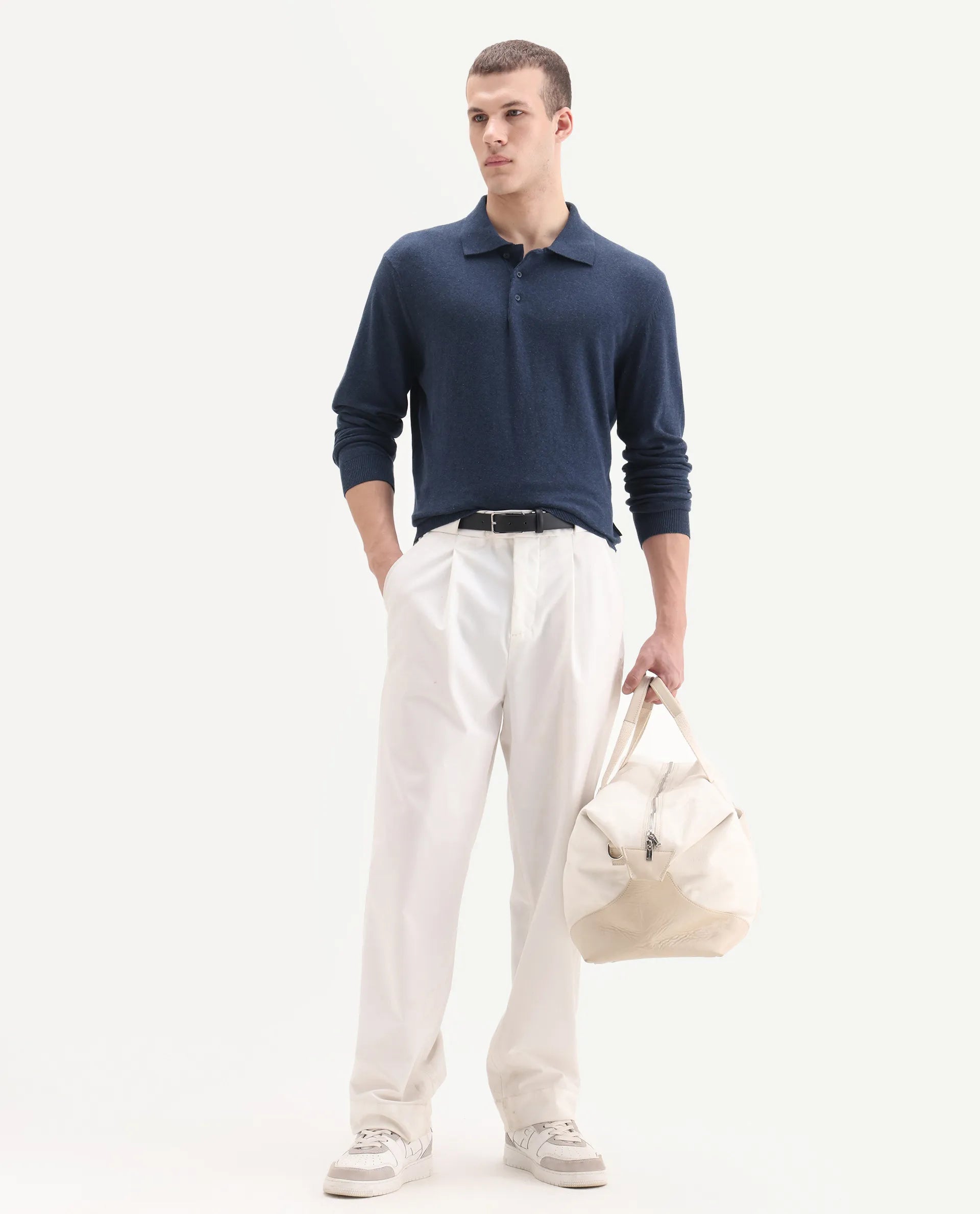 Rare Rabbit Men's Pyer Navy Flat Knit Plain Regular Fit Full Sleeve Polo