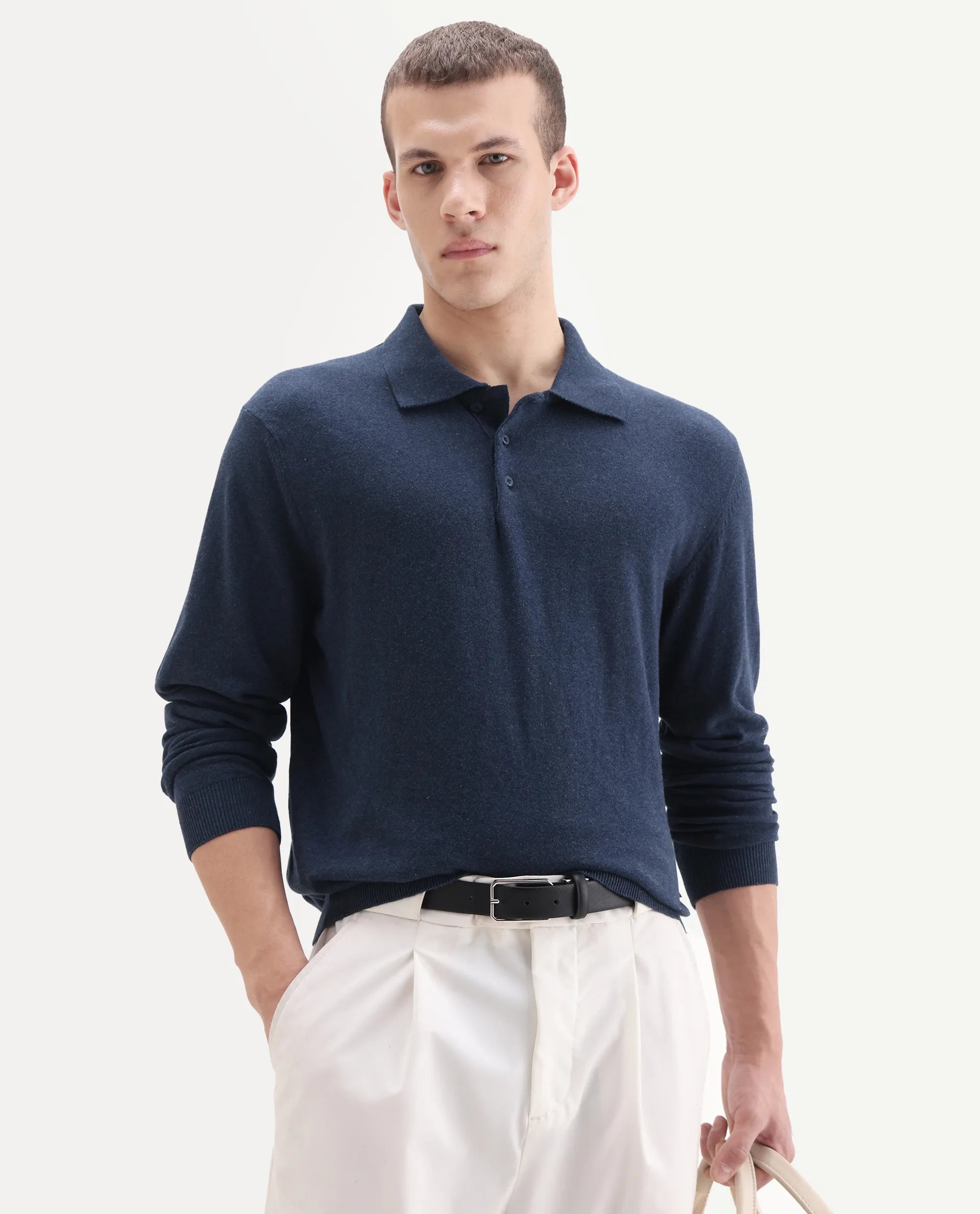 Rare Rabbit Men's Pyer Navy Flat Knit Plain Regular Fit Full Sleeve Polo