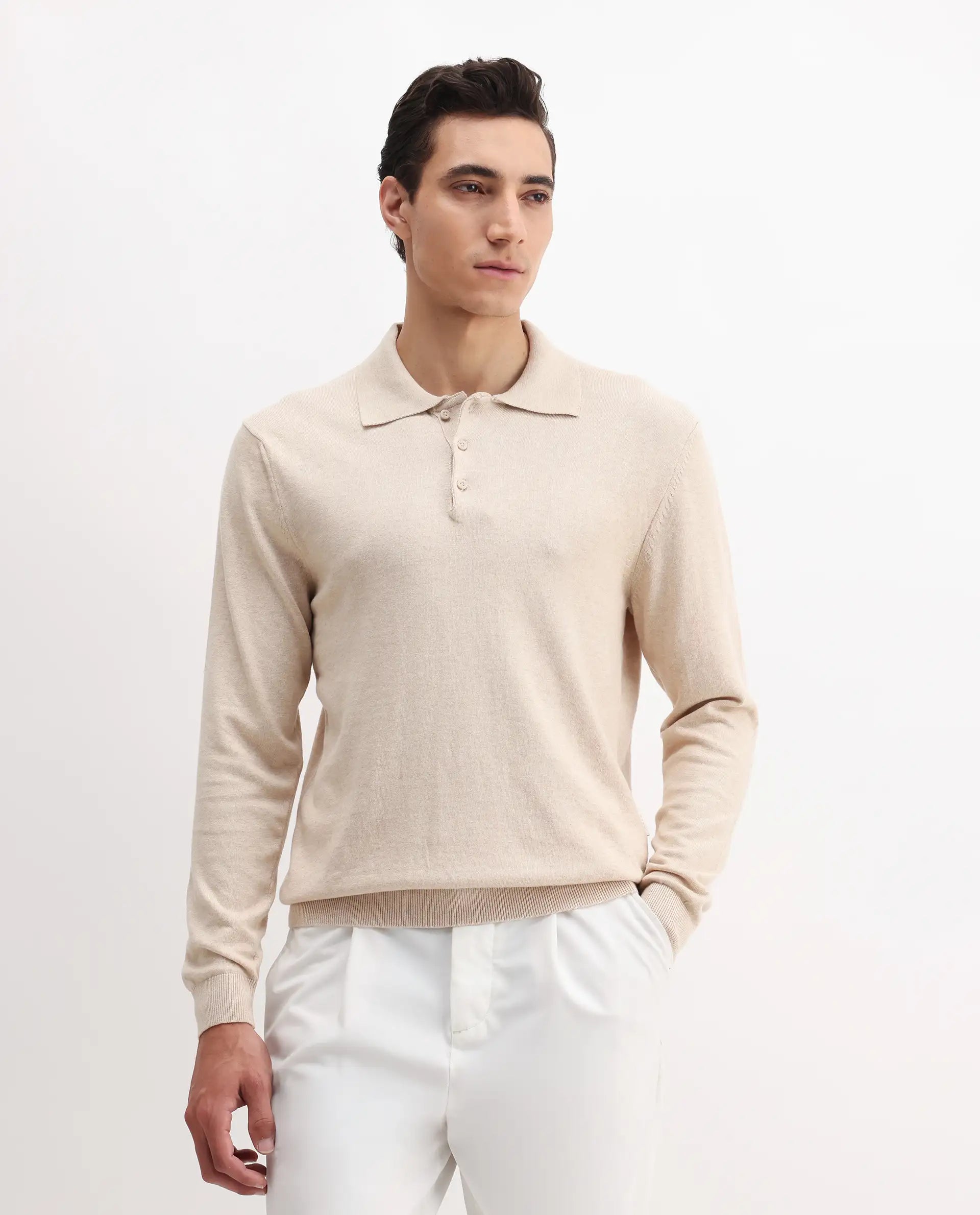 Rare Rabbit Men's Pyer Off White Flat Knit Plain Regular Fit Full Sleeve Polo