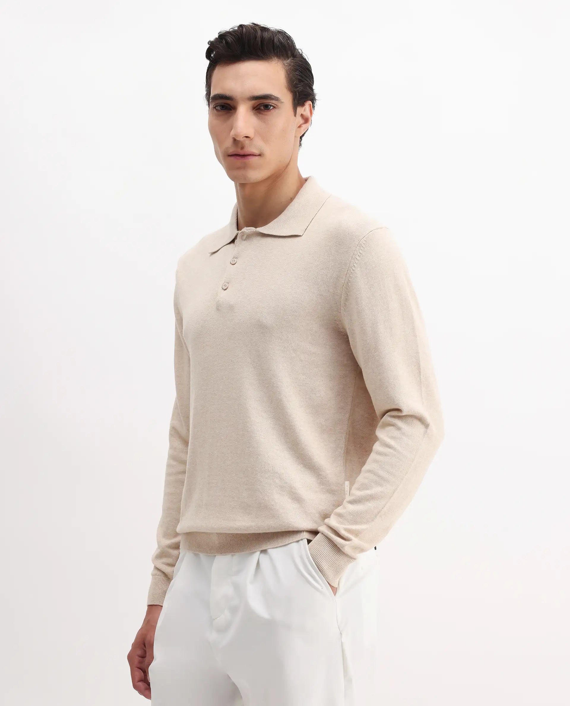Rare Rabbit Men's Pyer Off White Flat Knit Plain Regular Fit Full Sleeve Polo