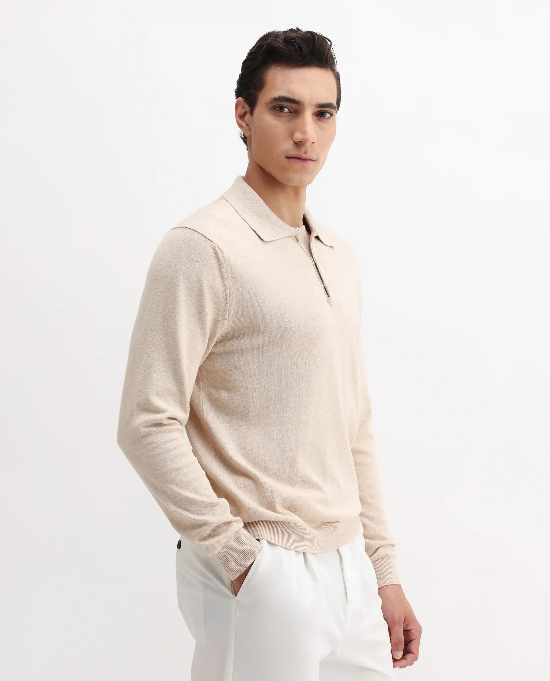 Rare Rabbit Men's Pyer Off White Flat Knit Plain Regular Fit Full Sleeve Polo