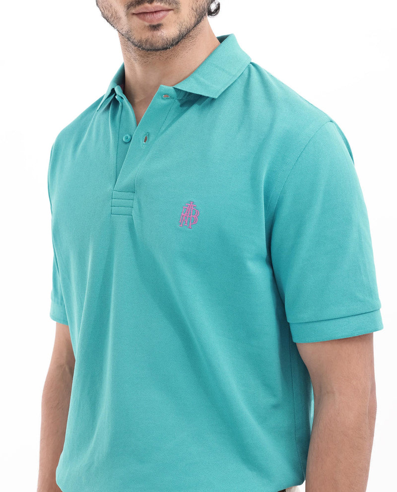 Rare Rabbit Mens Paret-Bright Aqua Short Sleeve Embroidered Logo Solid Polo T-Shirt
