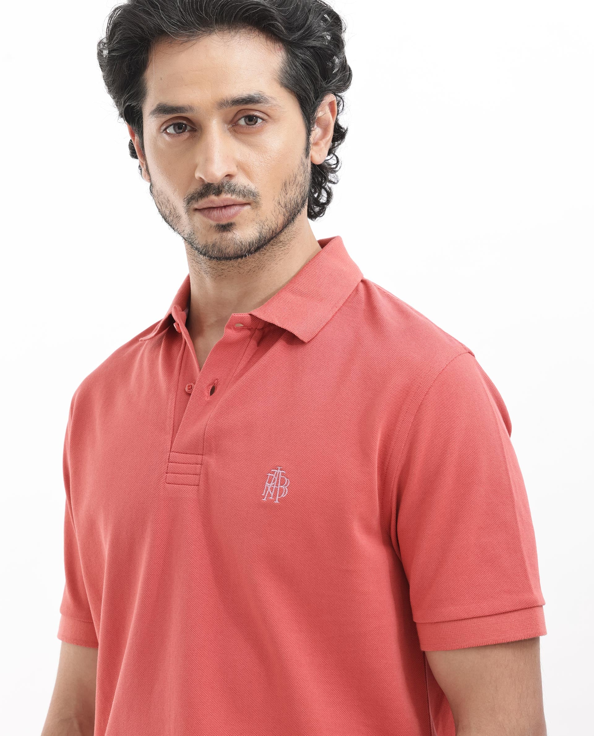 Rare Rabbit Mens Paret-Bright Orange Short Sleeve Embroidered Logo Solid Polo T-Shirt