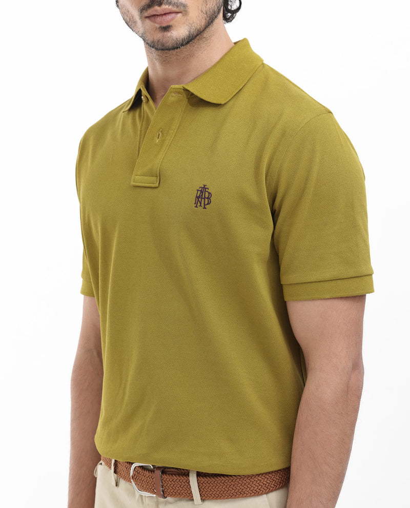 Rare Rabbit Mens Pareto Flouroscent Olive Cotton Short Sleeve Embroidered Logo Solid Polo T-Shirt