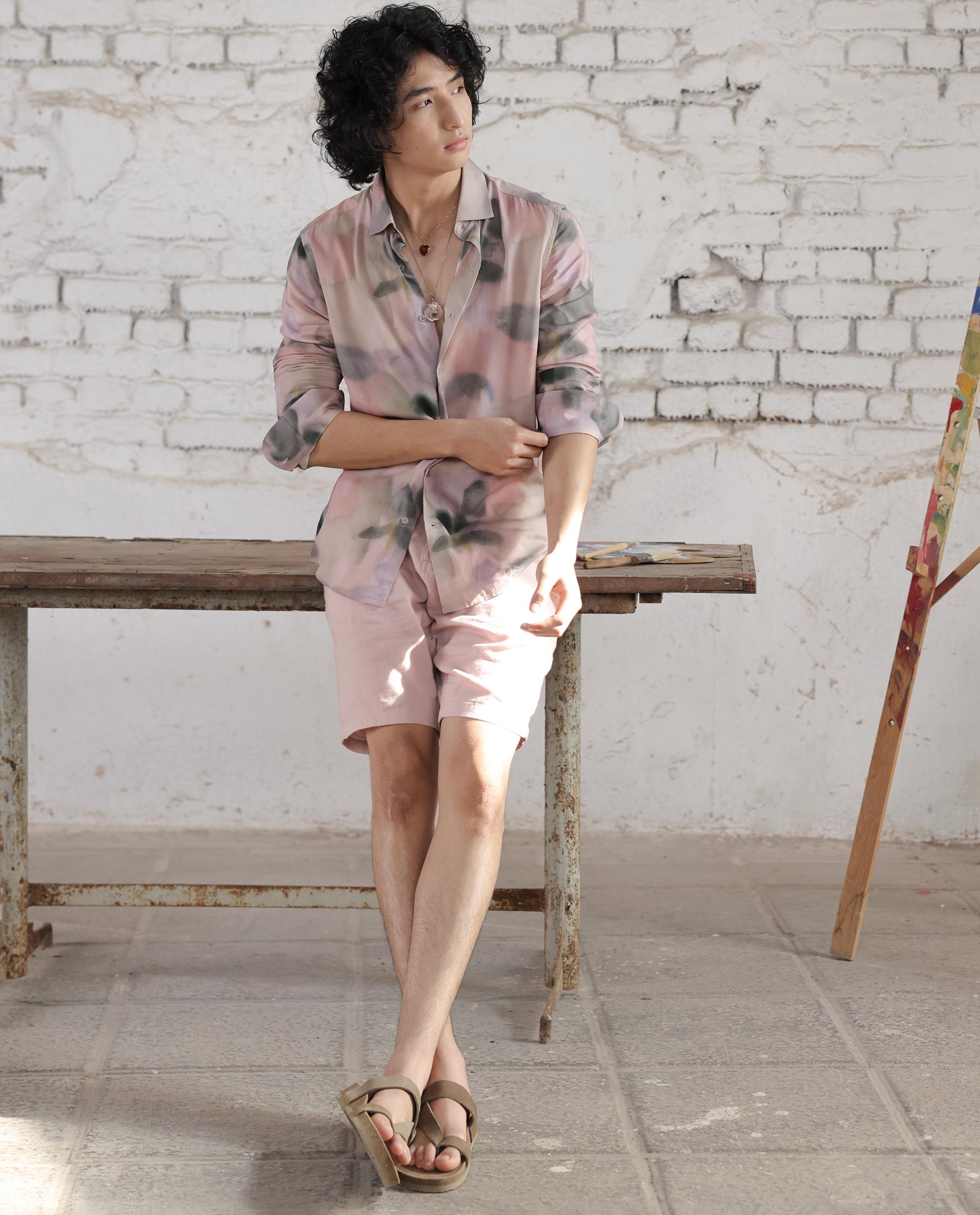 Rare Rabbit Men's Pinto Light Pink Cotton Fabric Drawstring Mid Rise Shorts