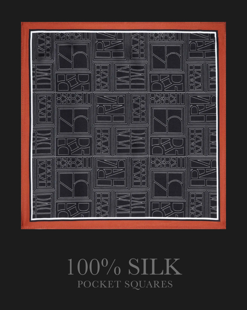 Rare Rabbit Men's Noaa Black Silk Fabric Monogram Print Pocket Square