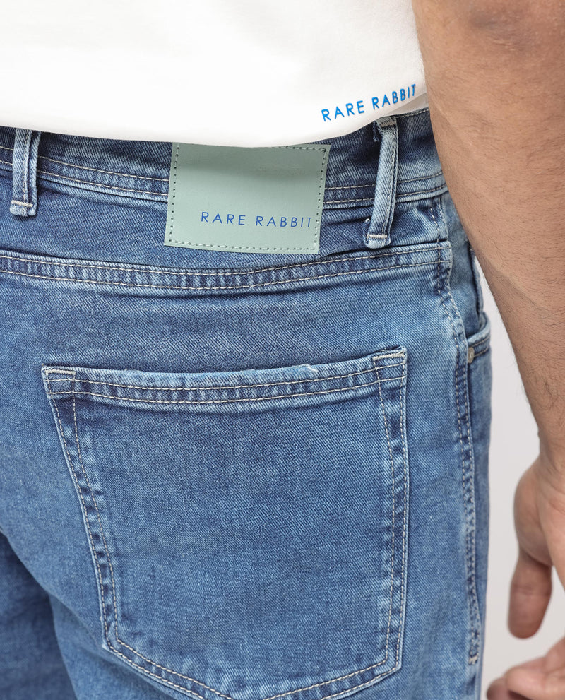 Rare Rabbit Men's Sam Blue Mid Wash Mid-Rise Carrot Fit Jeans