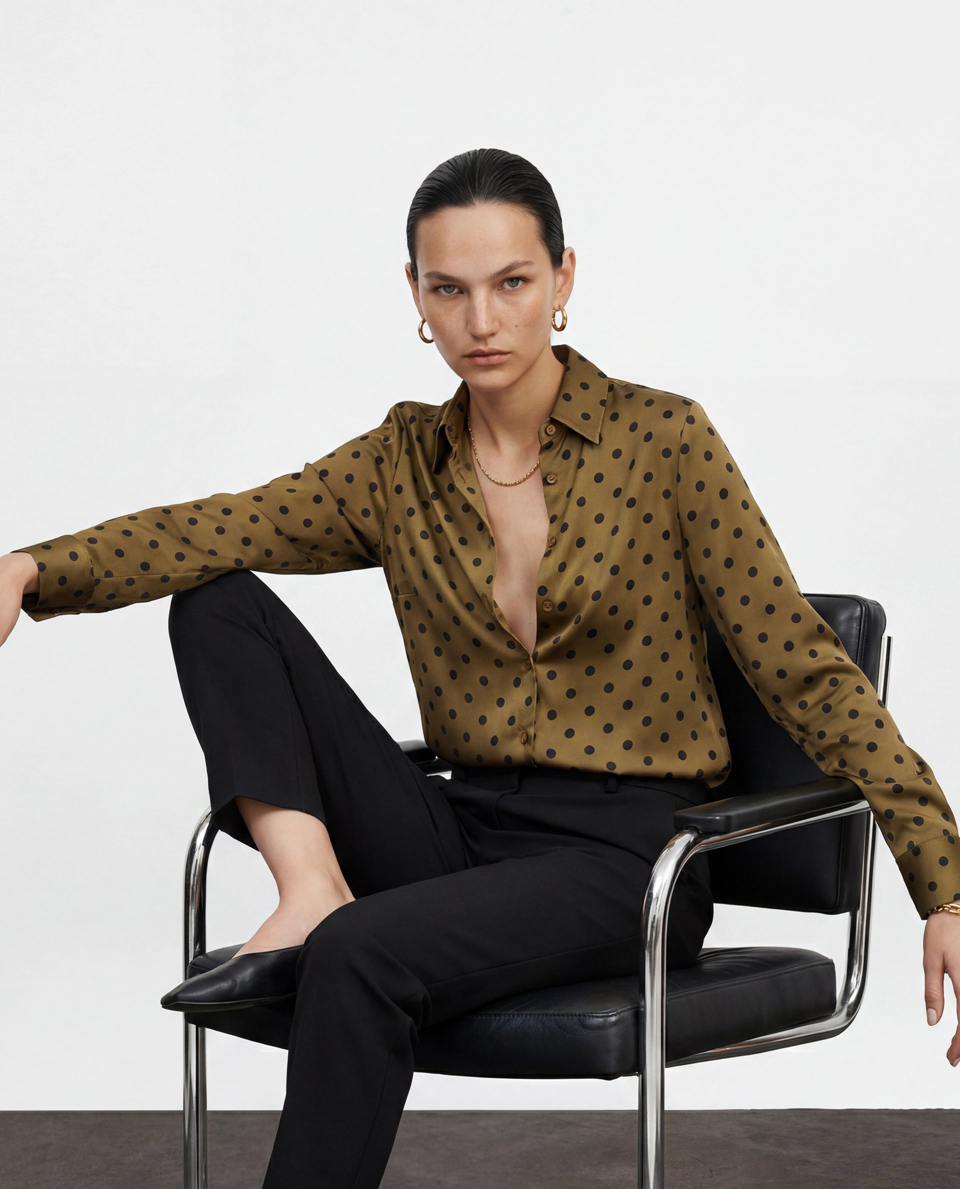 Rareism Women's Pola Beige Polyester Fabric Spread Collar Relaxed Polka Print Shirt