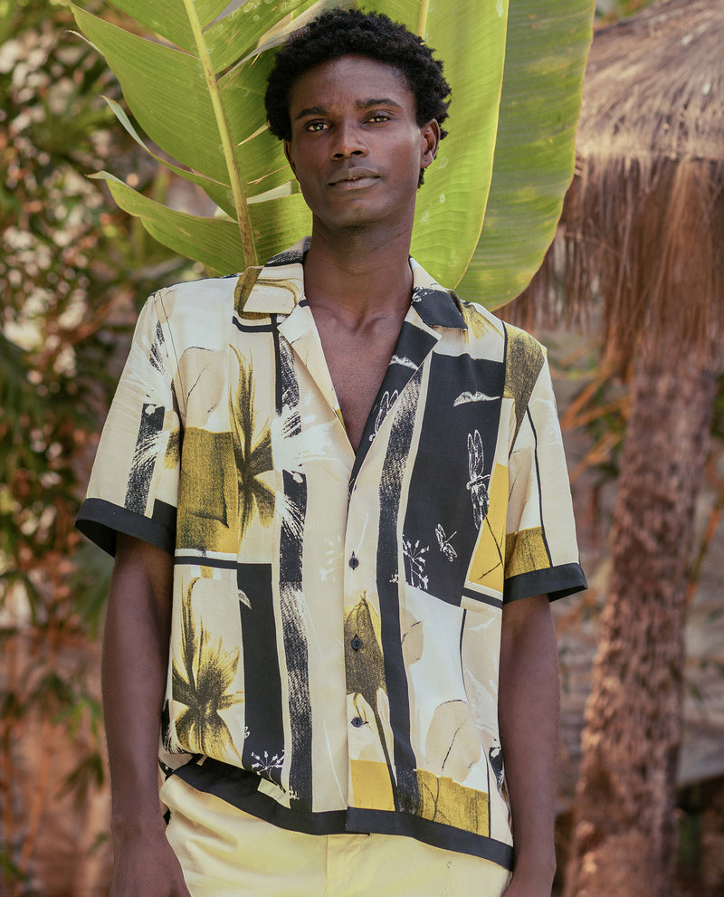 Rare Rabbit Mens Prunos Beige Viscose Fabric Short Sleeve Cuban Collar Boxy Fit Abstract Floral Print Shirt