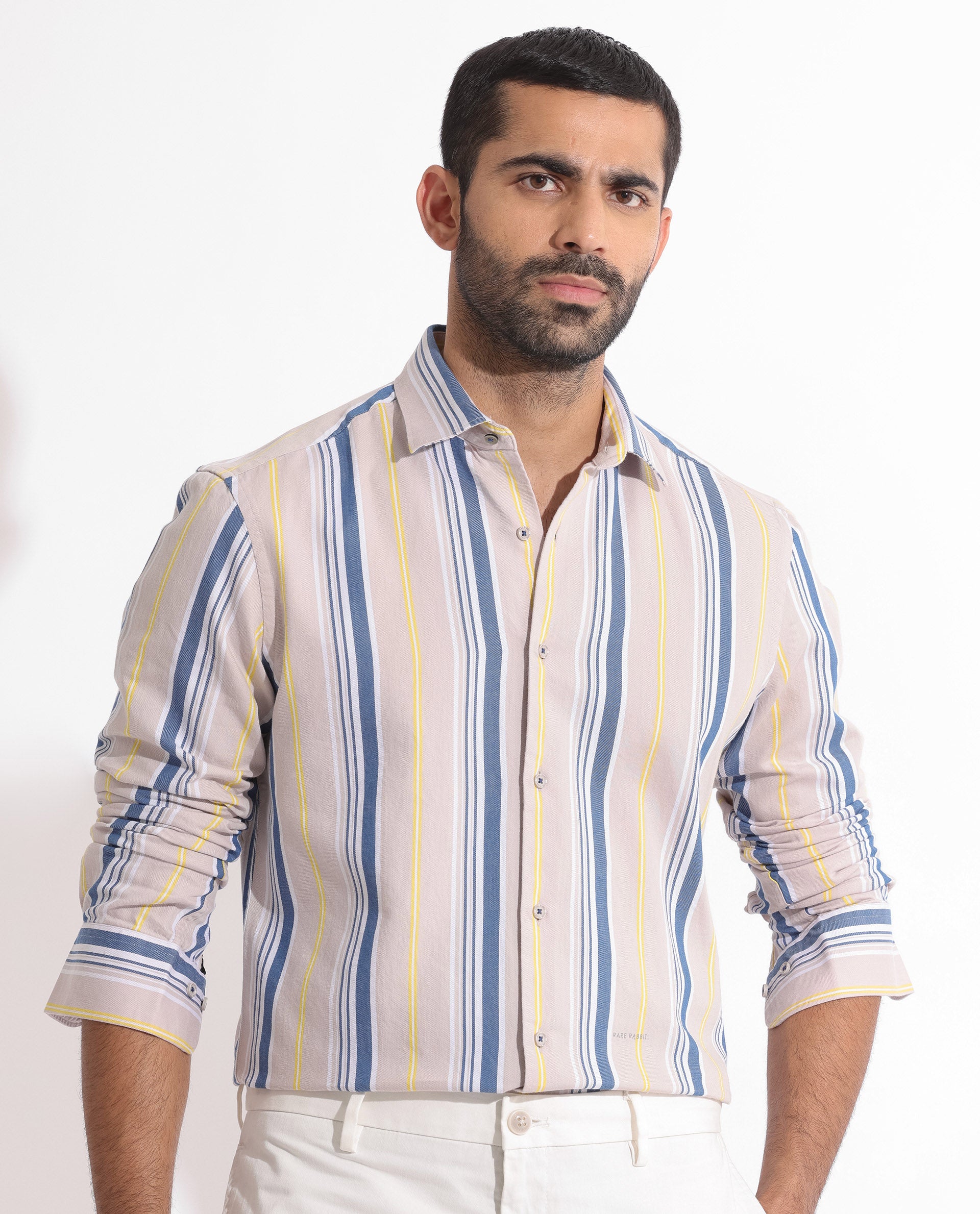 Rare Rabbit Men's Purit Dusky Brown Cotton Fabric Full Sleeves Striped Shirt