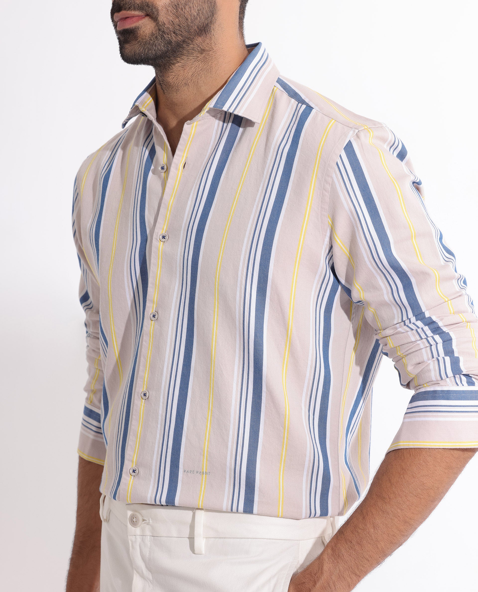 Rare Rabbit Men's Purit Dusky Brown Cotton Fabric Full Sleeves Striped Shirt