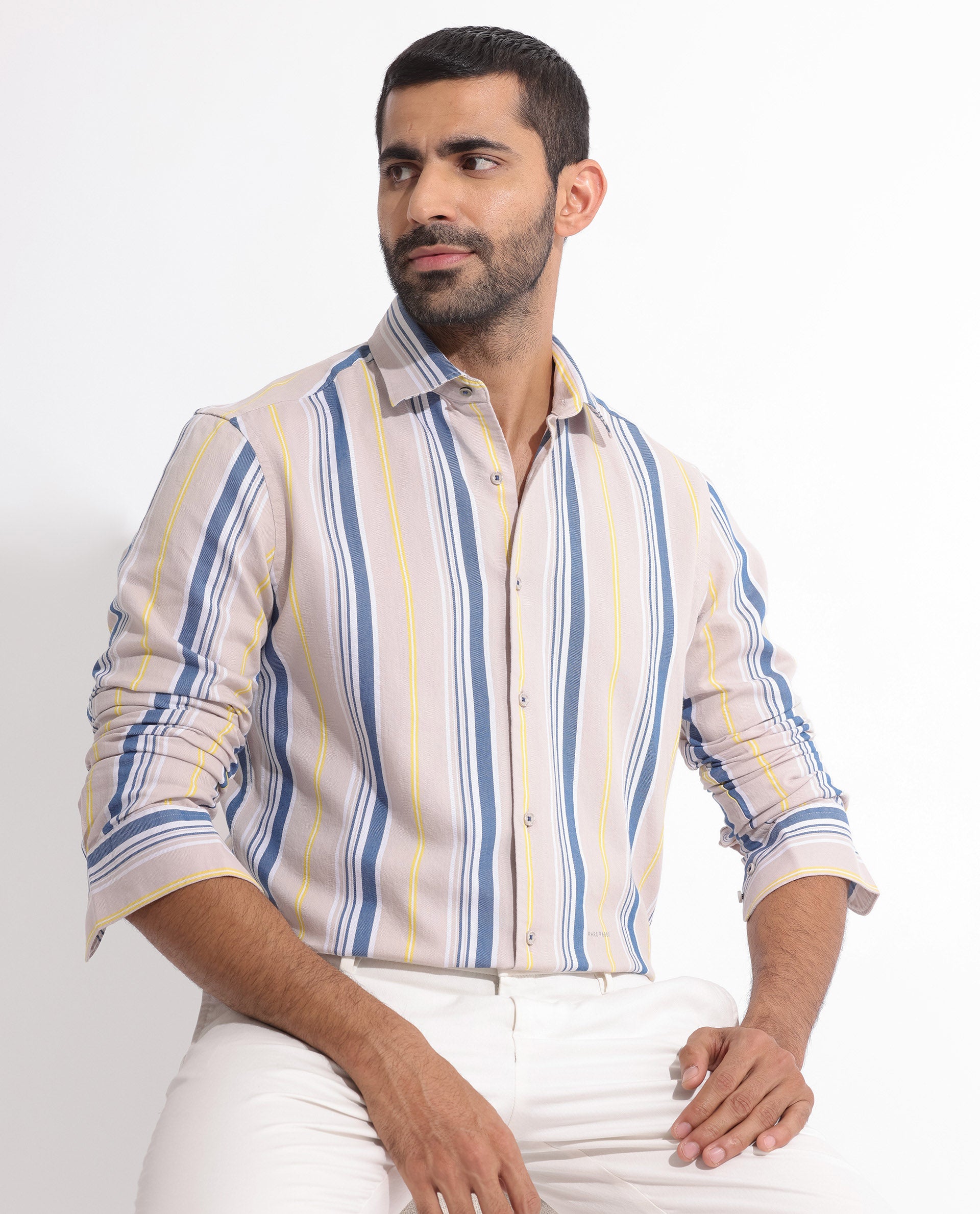 Rare Rabbit Men's Purit Dusky Brown Cotton Fabric Full Sleeves Striped Shirt