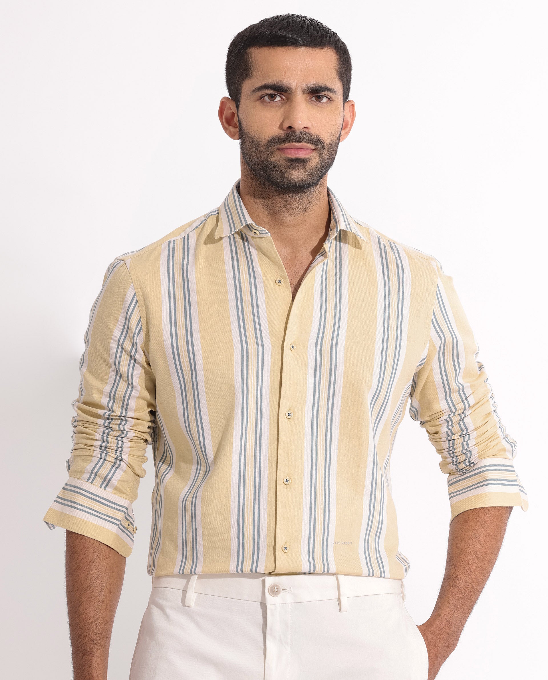 Rare Rabbit Men's Purit Dusky Yellow Cotton Fabric Full Sleeves Striped Shirt