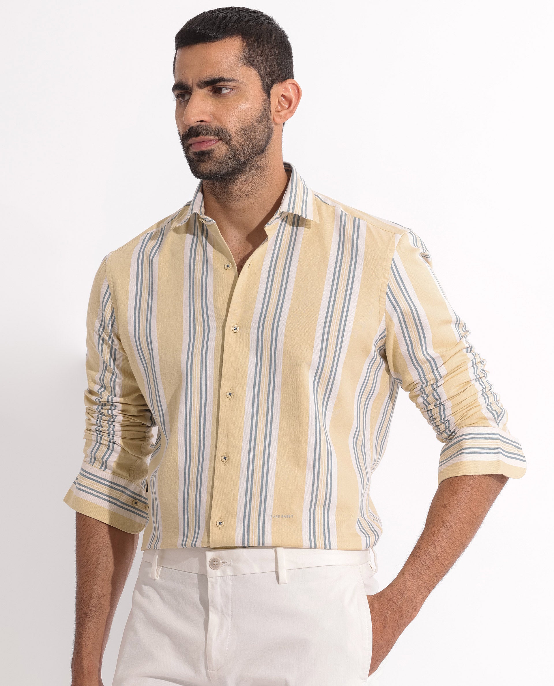 Rare Rabbit Men's Purit Dusky Yellow Cotton Fabric Full Sleeves Striped Shirt