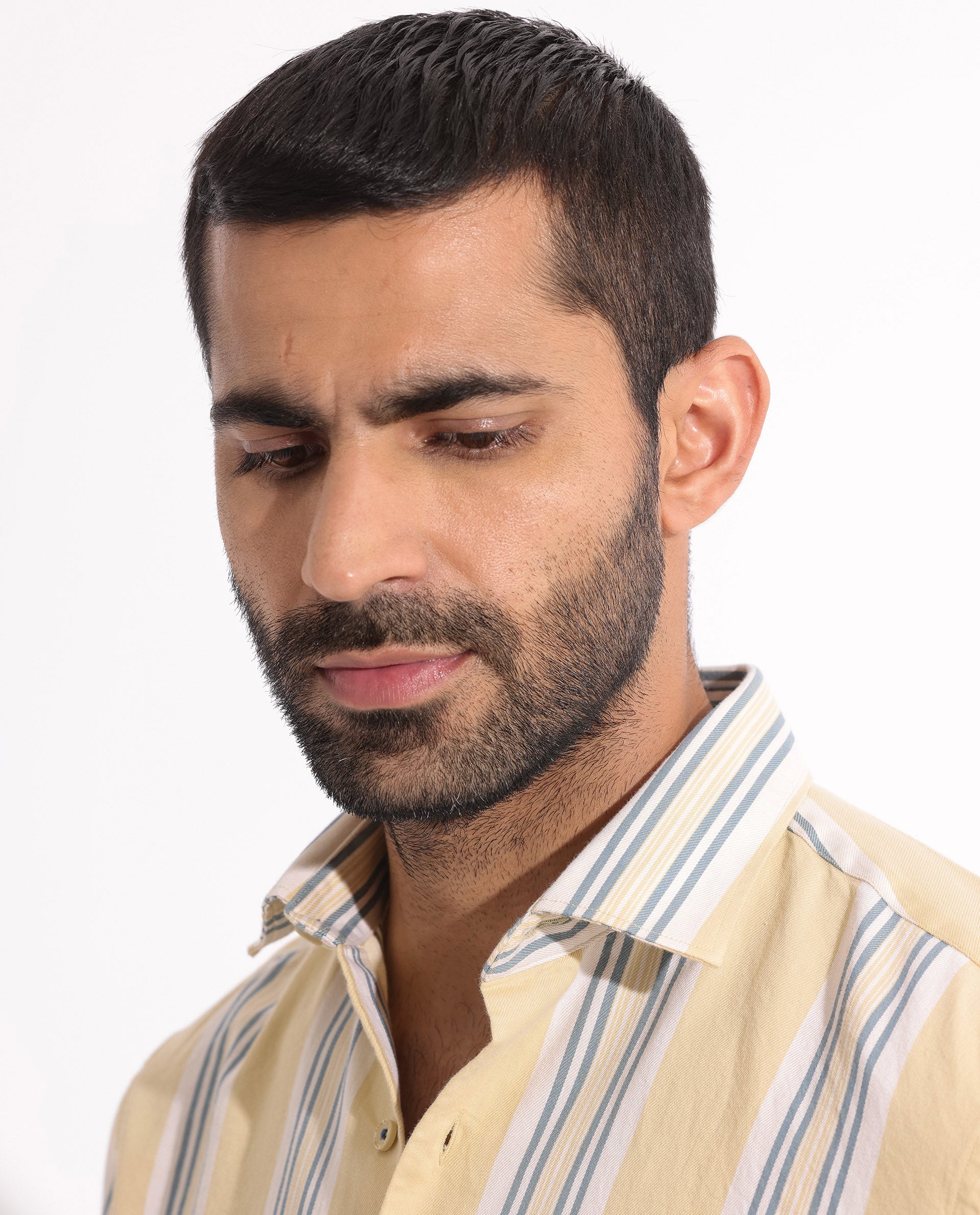 Rare Rabbit Men's Purit Dusky Yellow Cotton Fabric Full Sleeves Striped Shirt