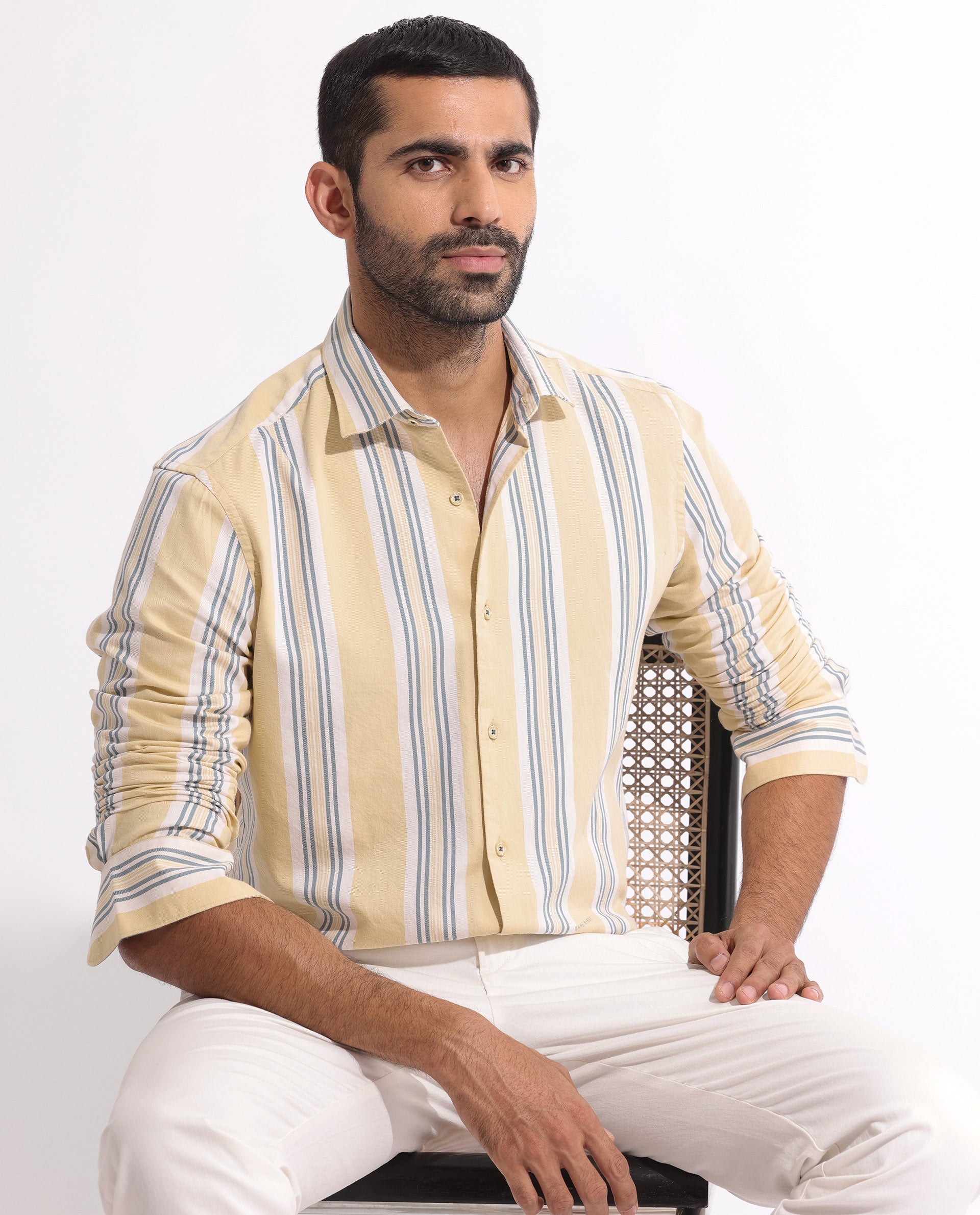 Rare Rabbit Men's Purit Dusky Yellow Cotton Fabric Full Sleeves Striped Shirt