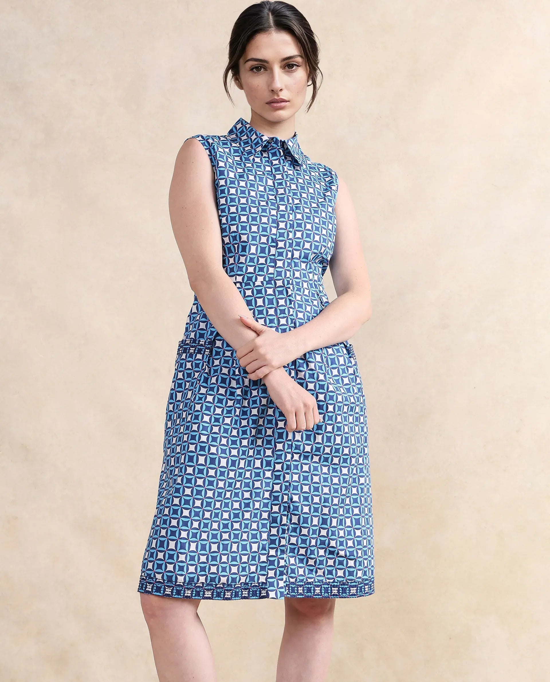 Rareism Women's Qban Multi Cotton Drop Collar Geometric Print Sleeveless Knee Length A-Line Dress