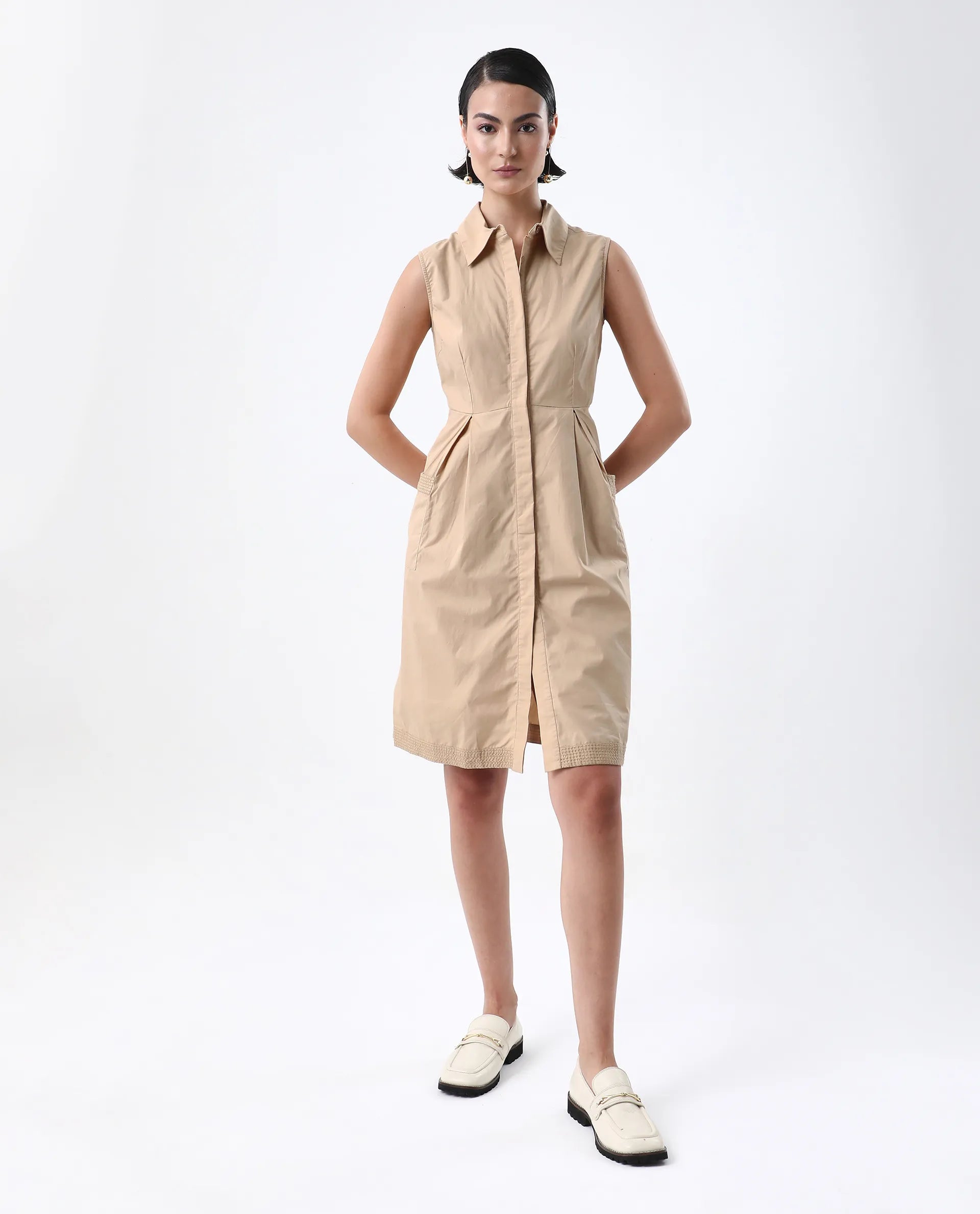 Rareism Women's Qba Light Sand Cotton Drop Collar Plain Sleeveless Midi A-Line Dress