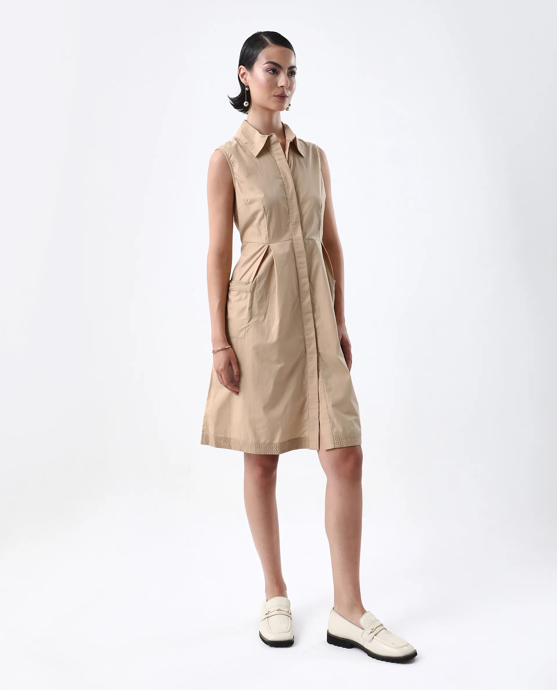 Rareism Women's Qba Light Sand Cotton Drop Collar Plain Sleeveless Midi A-Line Dress